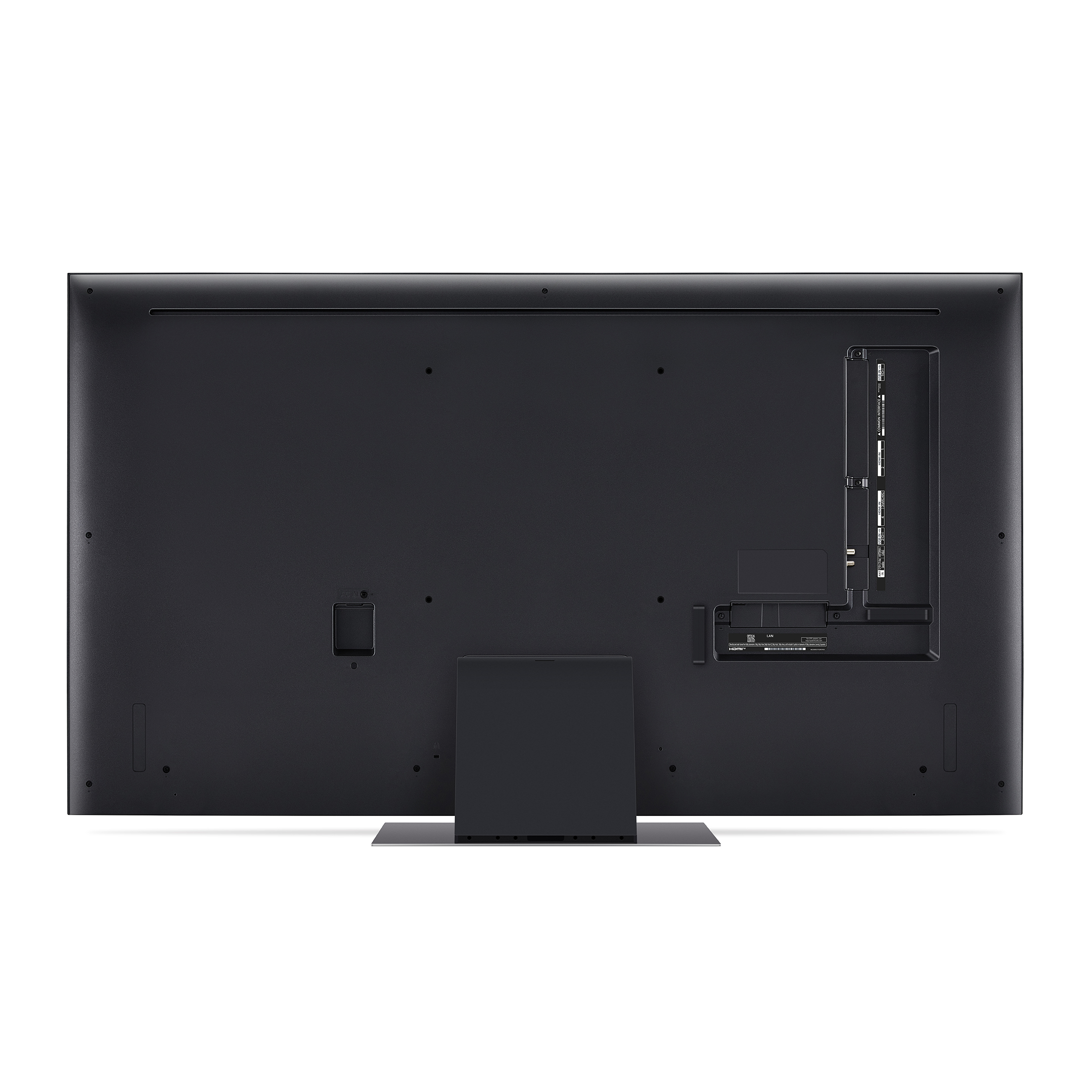 Tył czarnego telewizora. Ma różne porty i podstawkę. Ekran jest wyłączony.