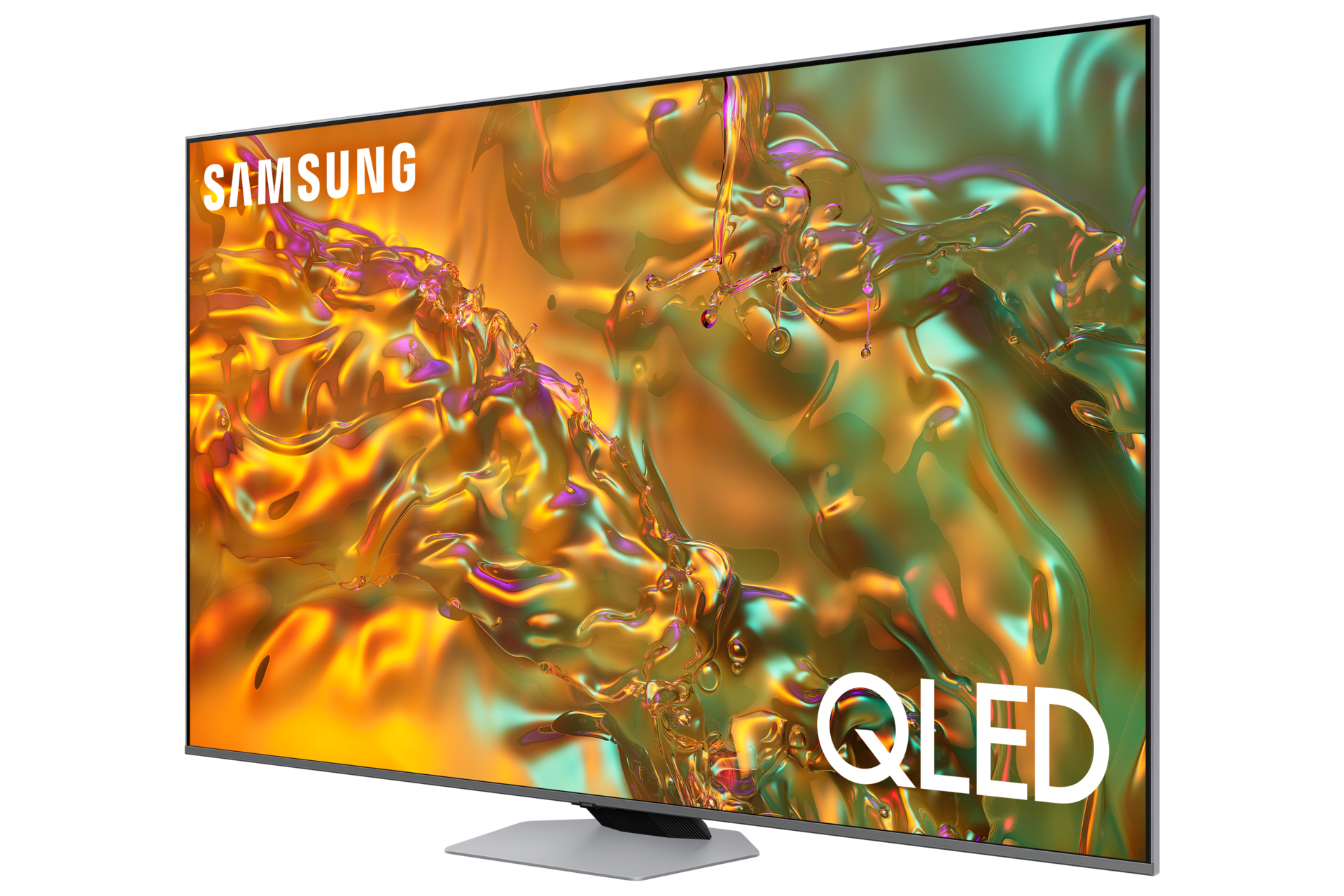 Duży telewizor Samsung QLED ze srebrną podstawą, wyświetlający abstrakcyjne, kolorowe obrazy.