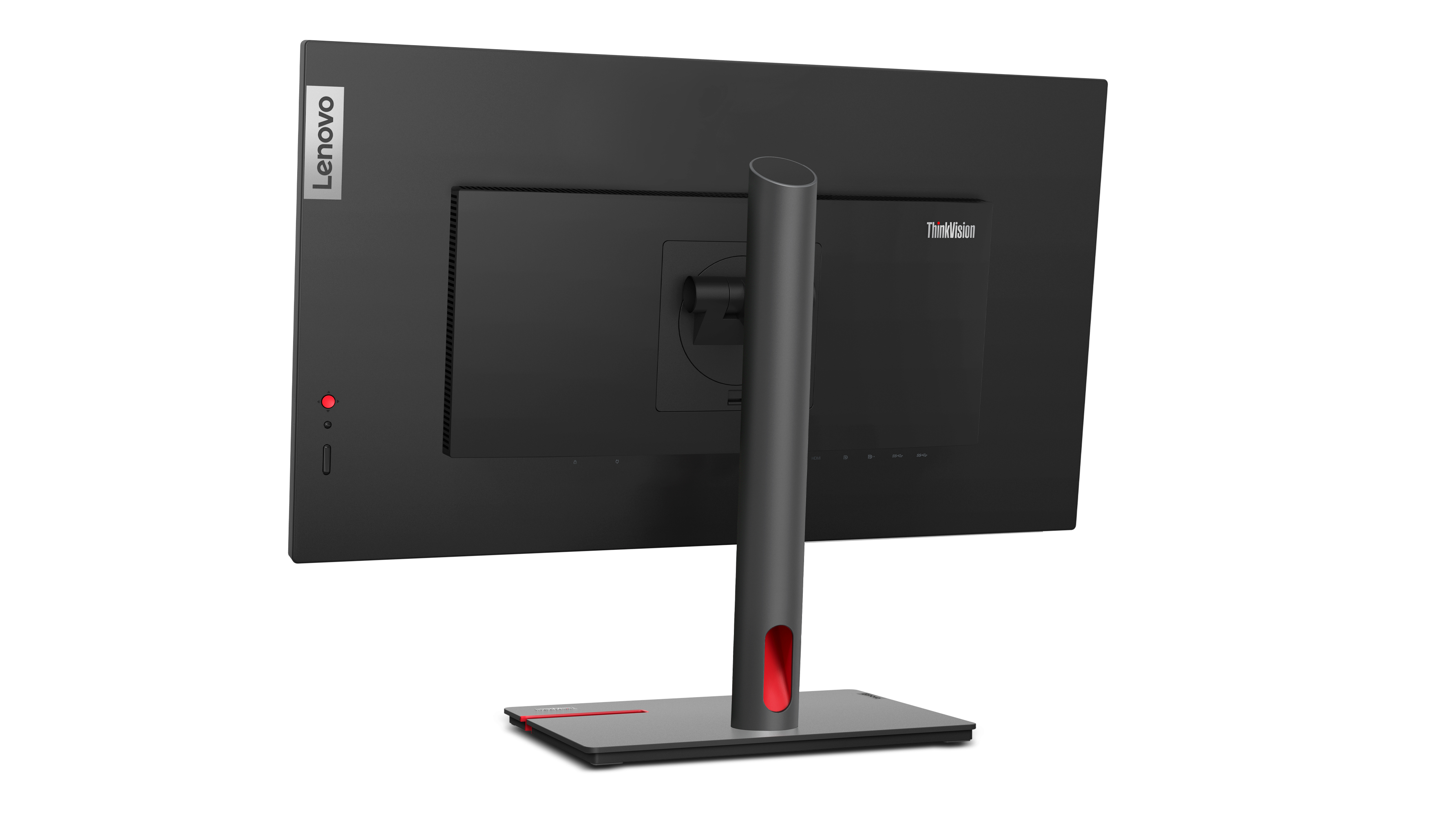 Widok z tyłu czarnego monitora komputera na podstawie. Logo Lenovo po lewej.