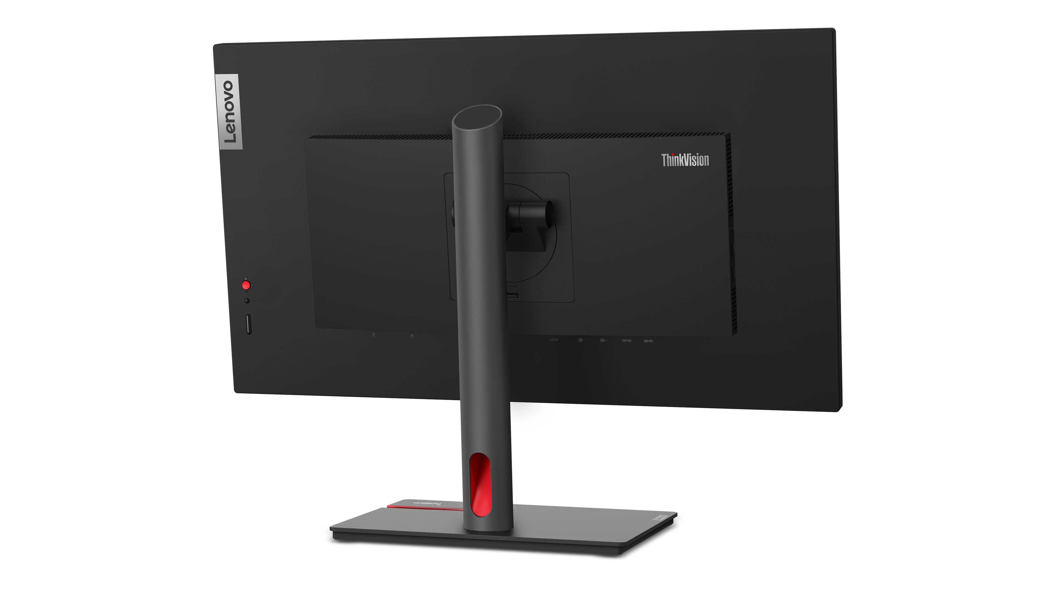 Widok z tyłu czarnego monitora Lenovo ThinkVision z czerwonym akcentem na podstawie.