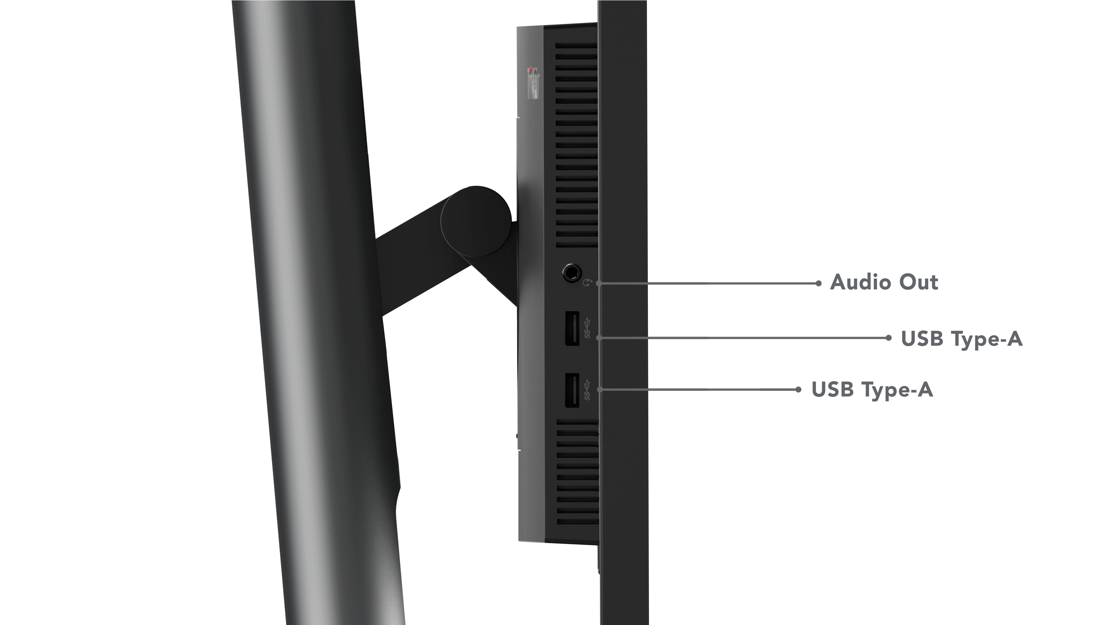Widok z boku monitora komputera z portami audio i USB z boku.