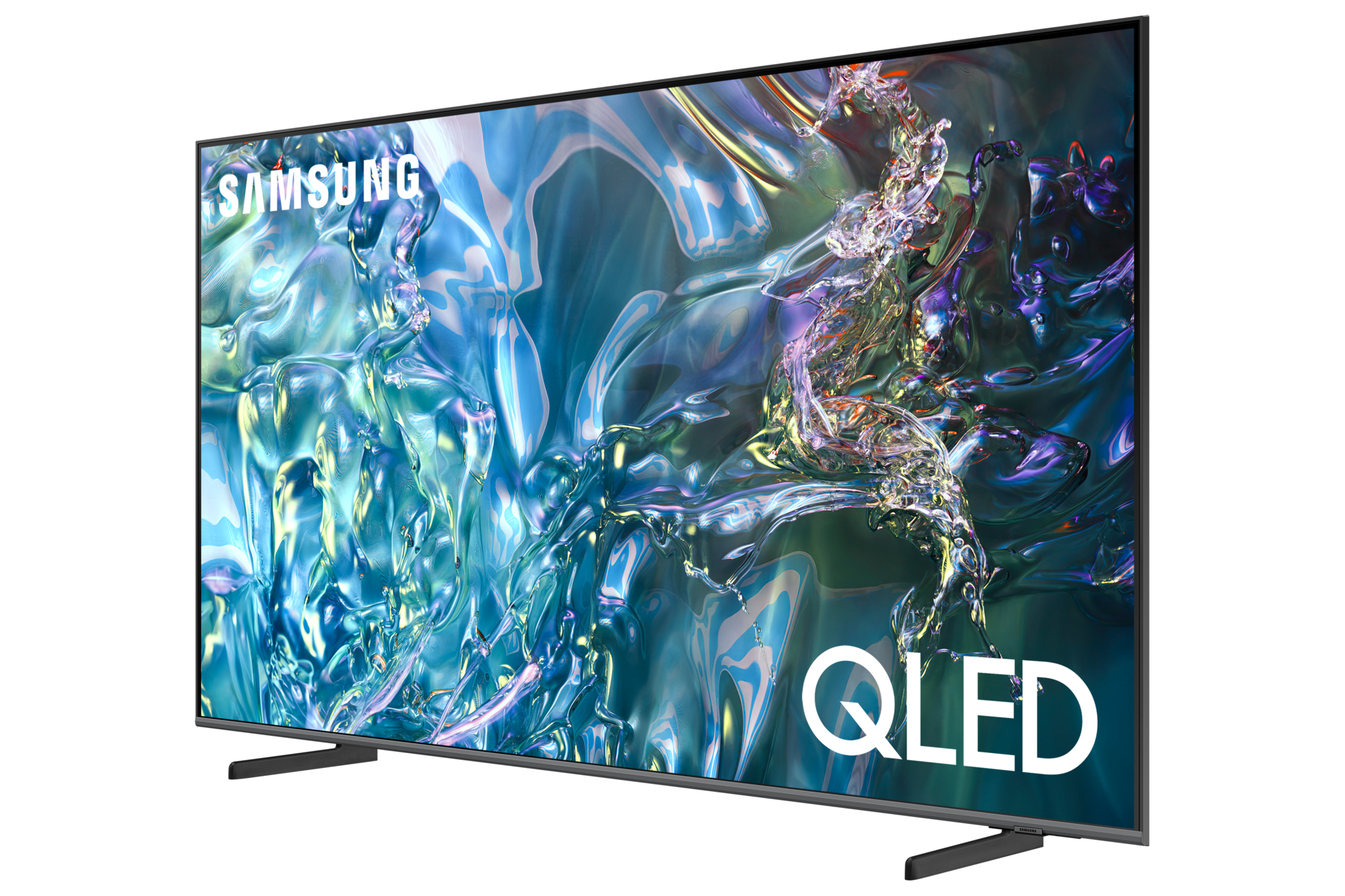 Telewizor Samsung QLED z niebiesko-zielonym abstrakcyjnym obrazem na ekranie, odizolowany.