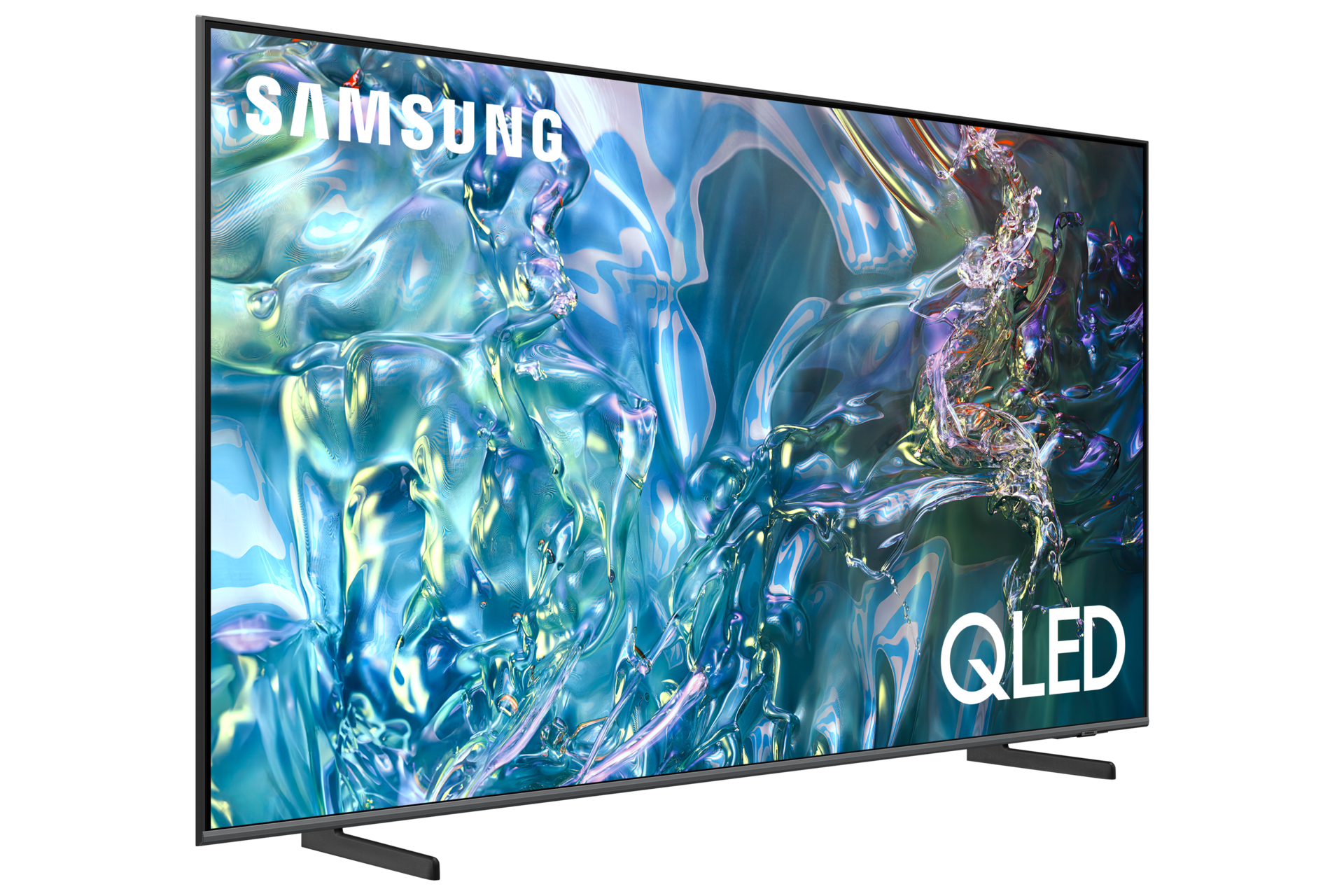Telewizor Samsung QLED z abstrakcyjnym niebiesko-białym wzorem wirowym, widok z perspektywy.