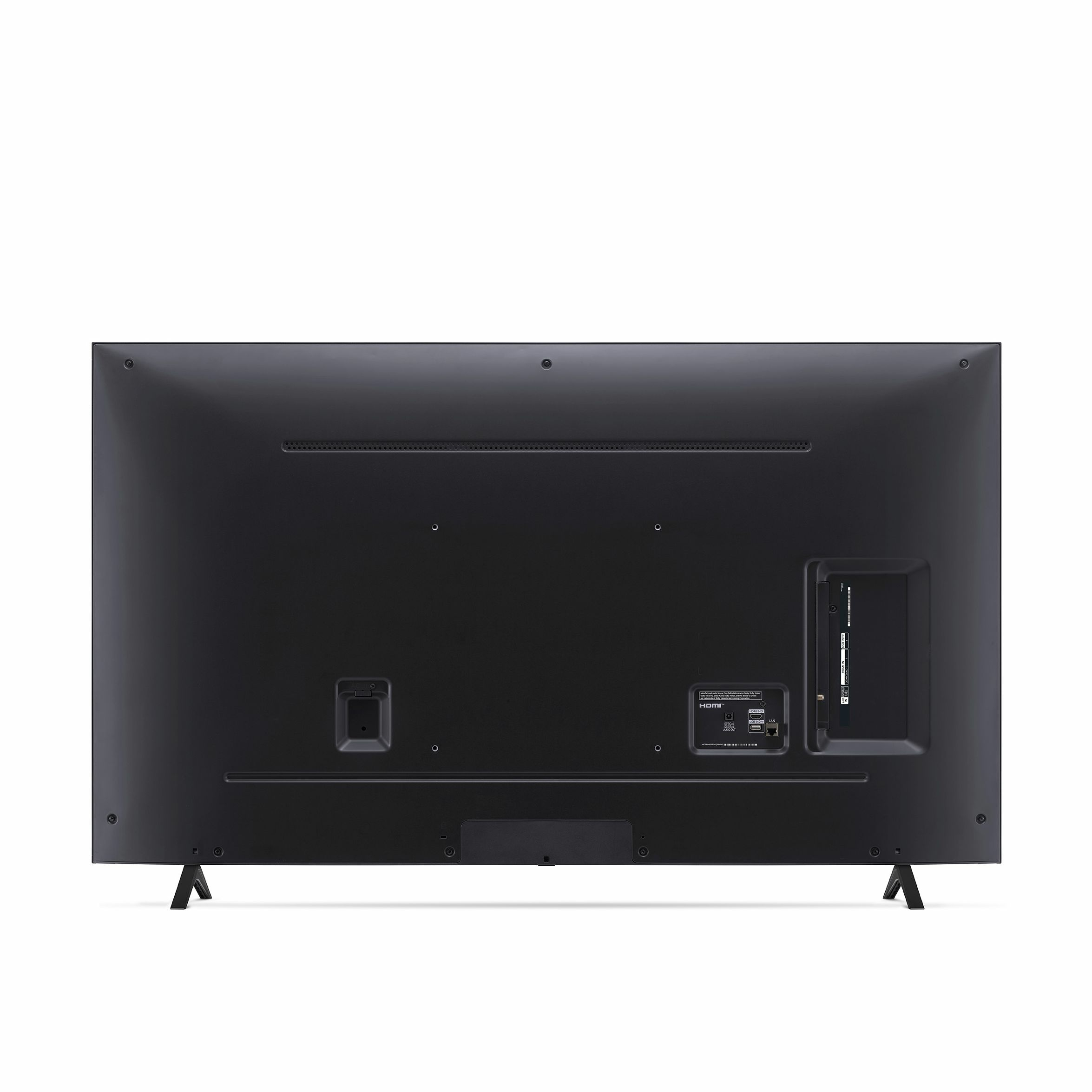 Tył czarnego telewizora z różnymi portami i podstawami.