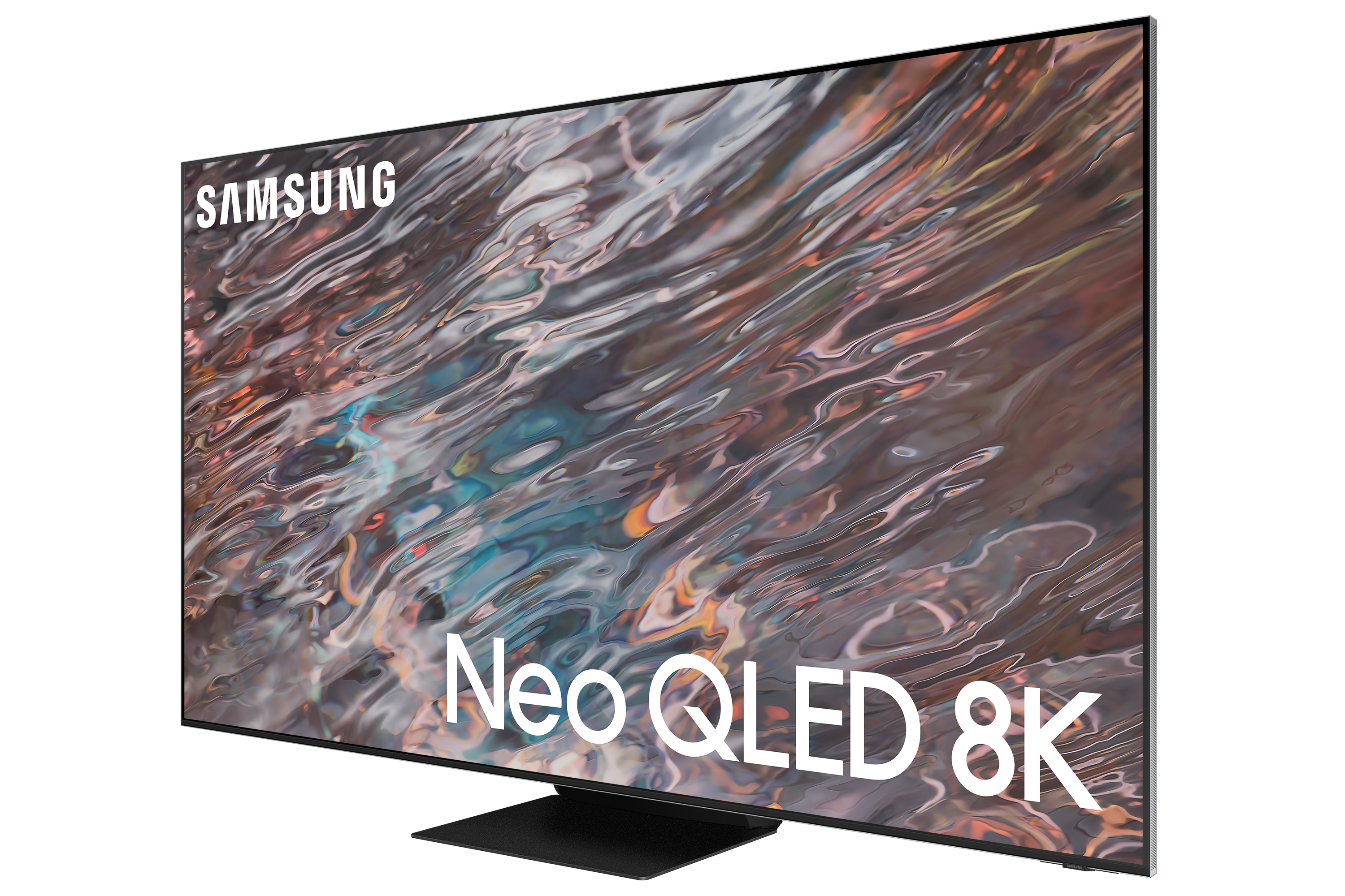 Un gran televisor Samsung Neo QLED 8K, vista en ángulo. Fondo blanco, con el nombre
