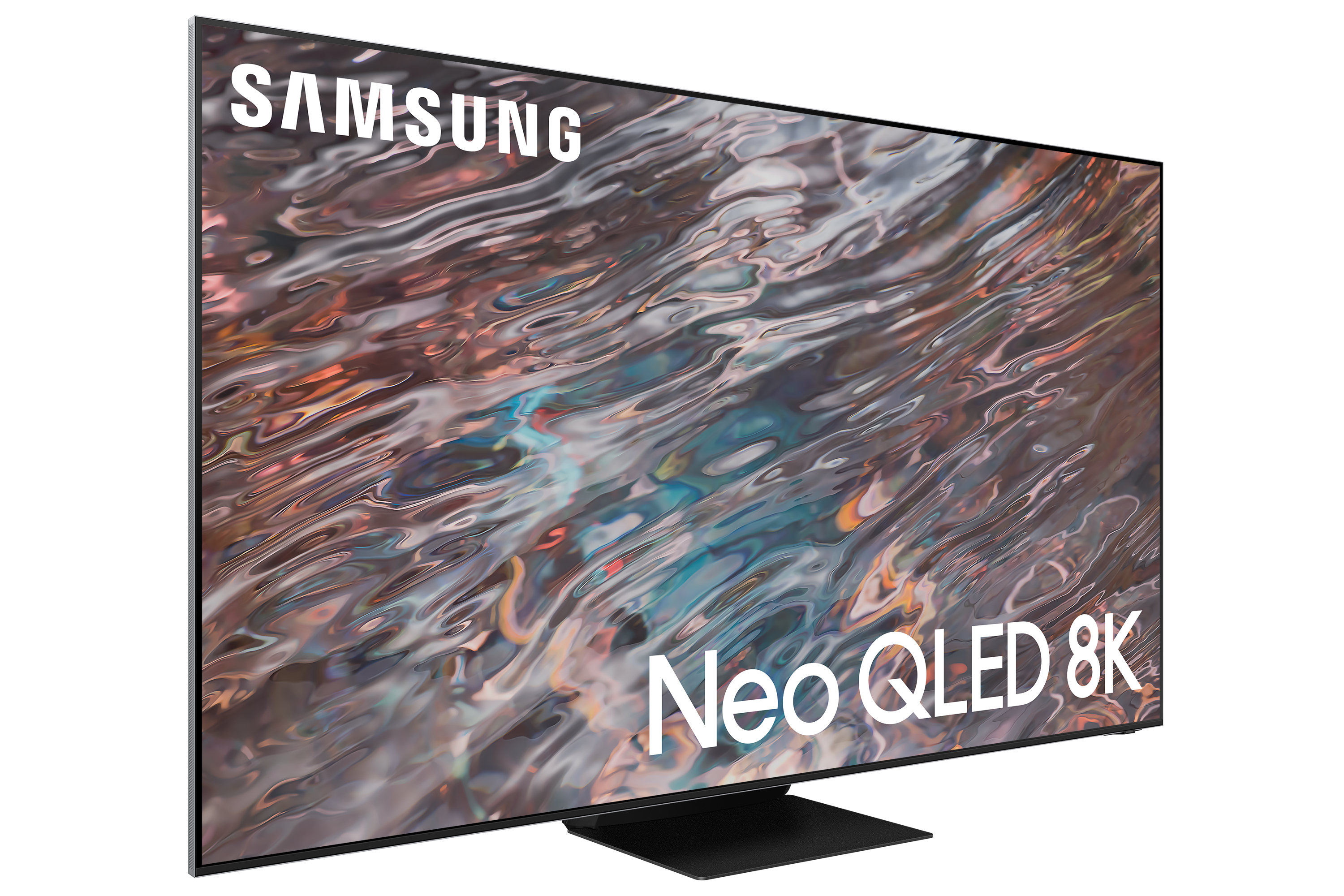 Televisor en ángulo con texto Samsung Neo QLED 8K. Fondo blanco limpio.