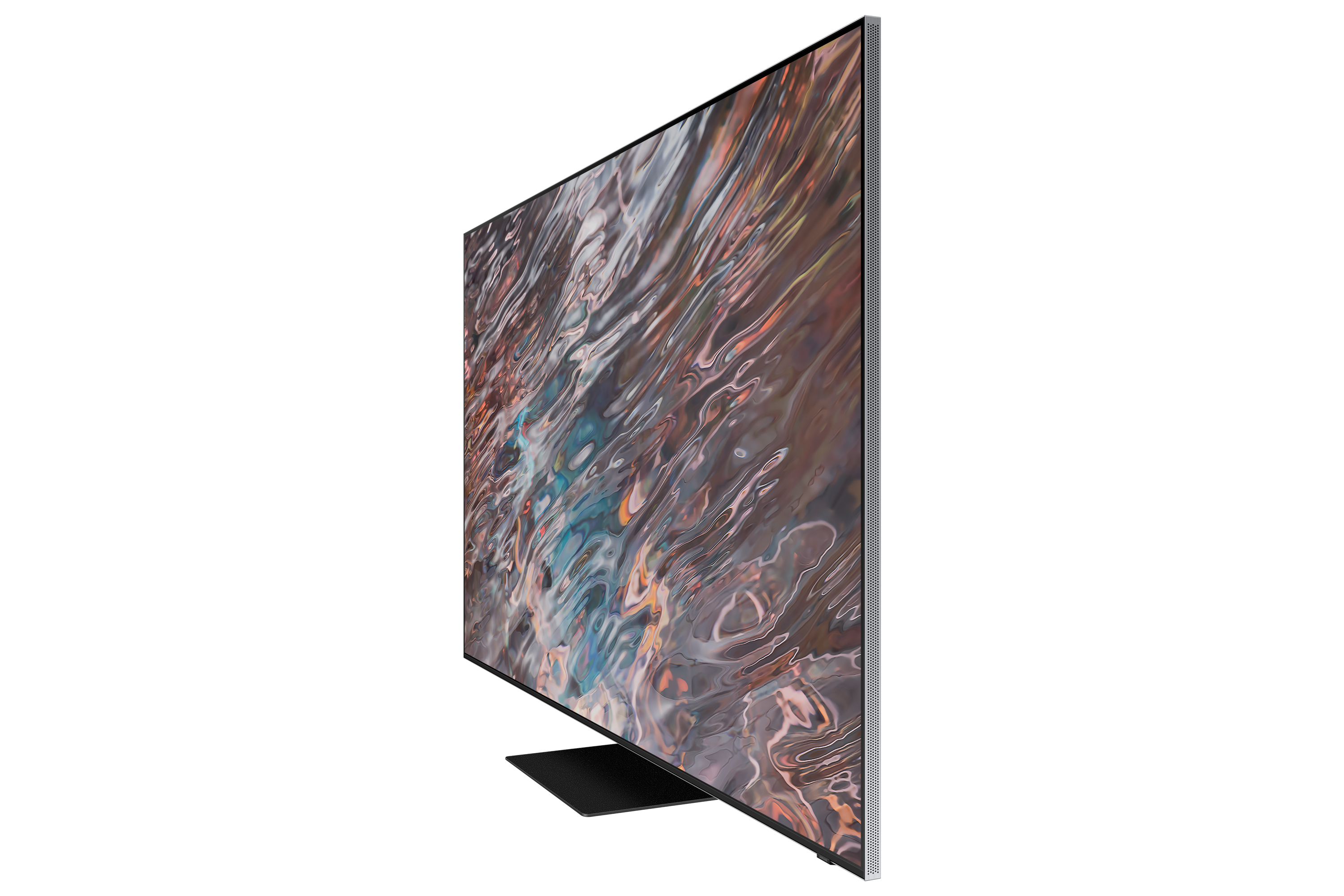 Un televisor Samsung, ligeramente en ángulo lateral, soporte negro y pantalla texturizada.