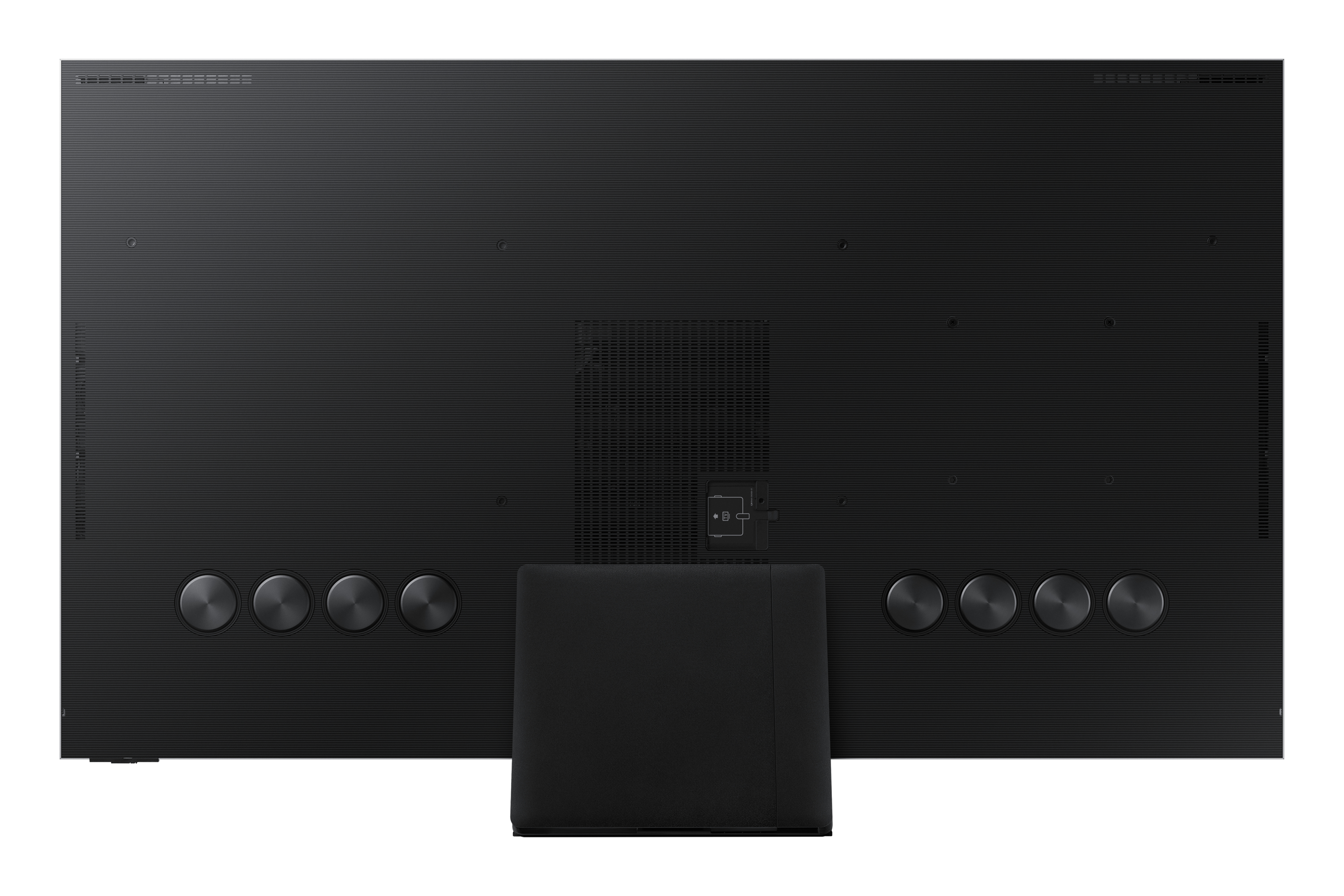 Parte trasera de un televisor Samsung negro, con soporte y botones de control.