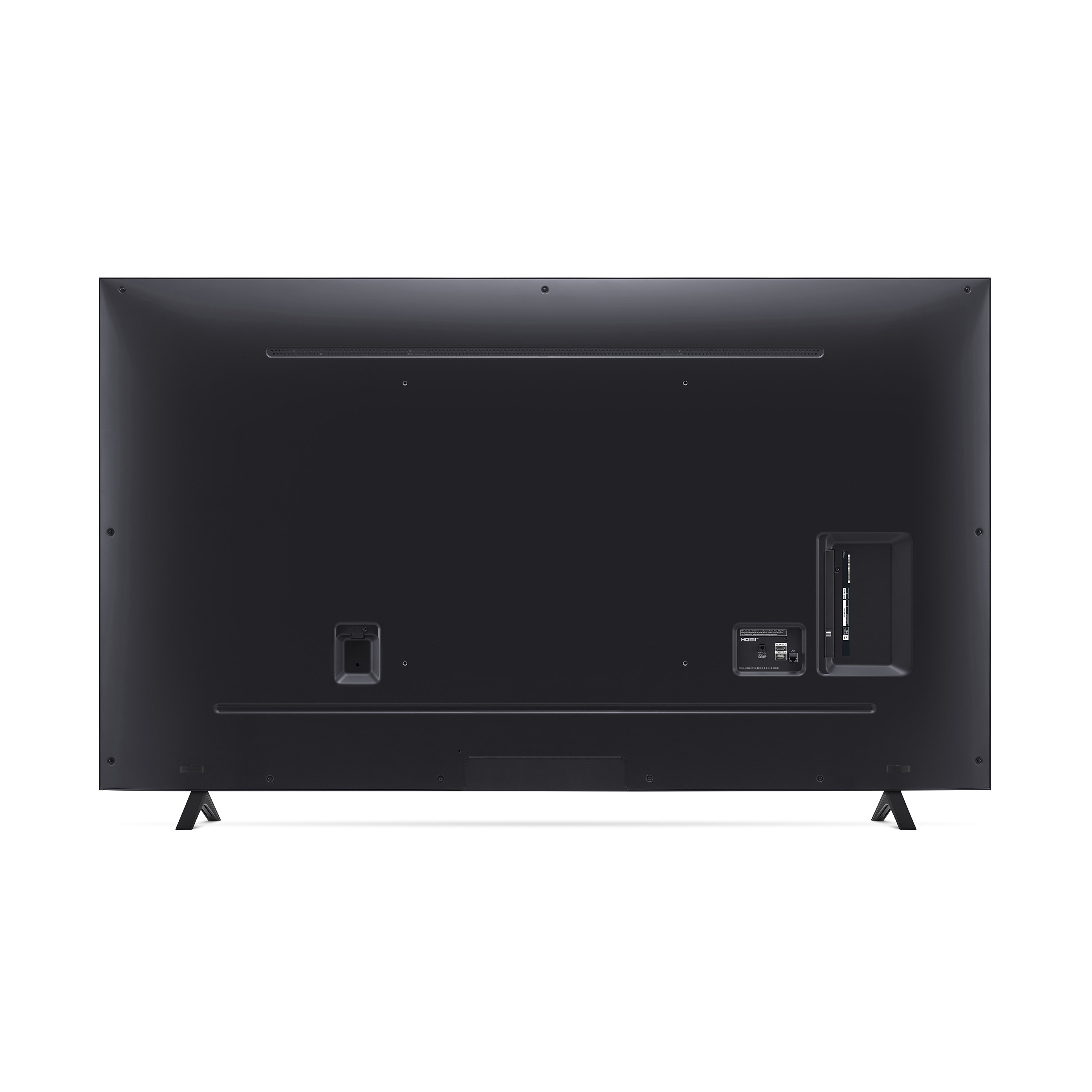 Tył czarnego telewizora z portami i stojakami, na białym tle.