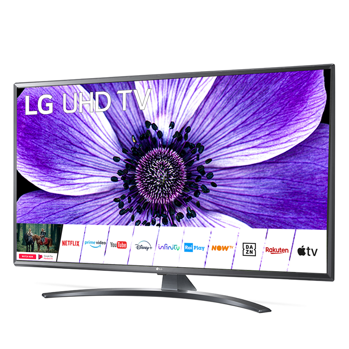 TV LG UHD con immagine di fiore viola, circondato da loghi.