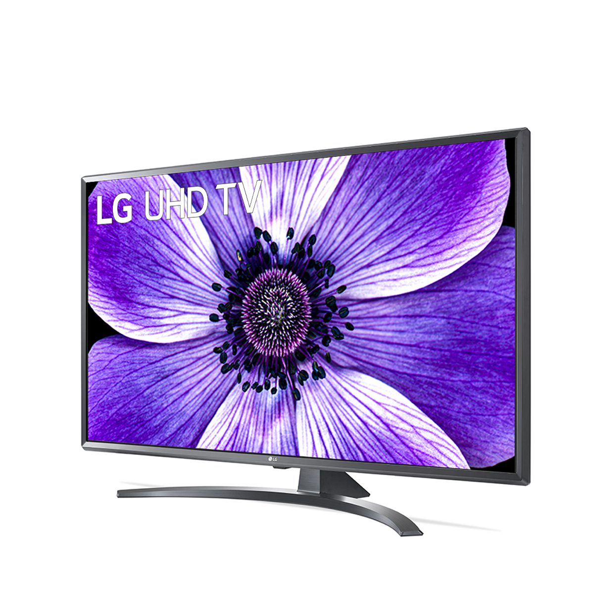 TV LG UHD che mostra un'immagine astratta di un fiore viola. Supporto curvo. Sfondo bianco.