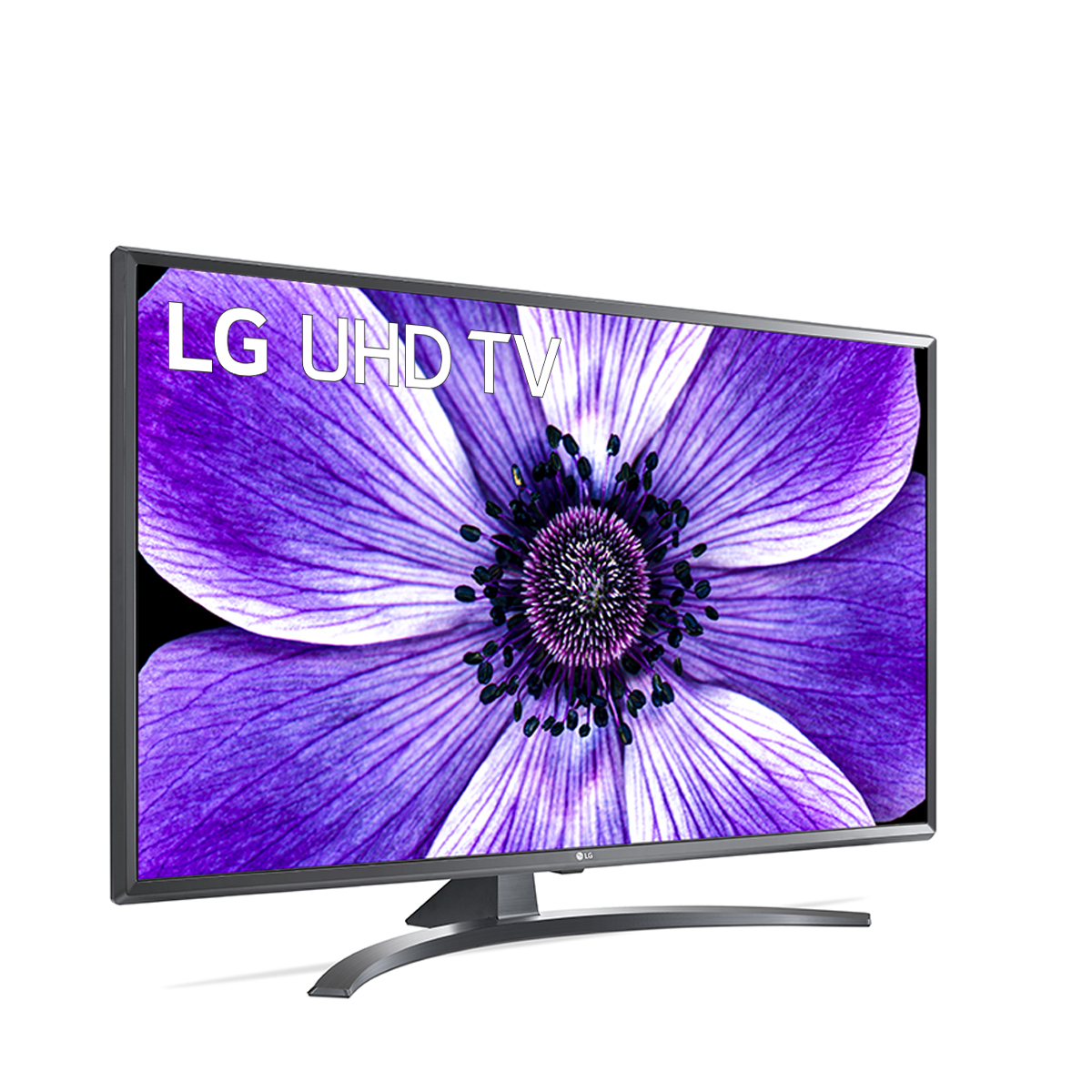 Un TV LG con un'immagine di un fiore viola sullo schermo, supporto curvo e testo LG UHD TV.