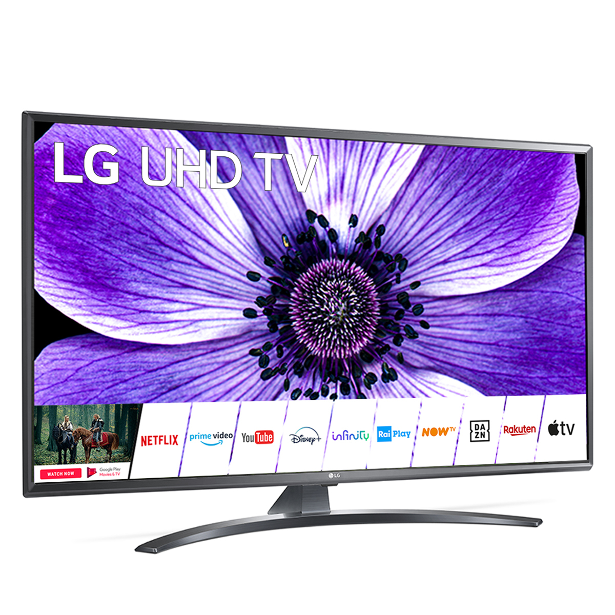 Un LG UHD TV mostra un fiore viola e icone di app, in un ambiente luminoso.