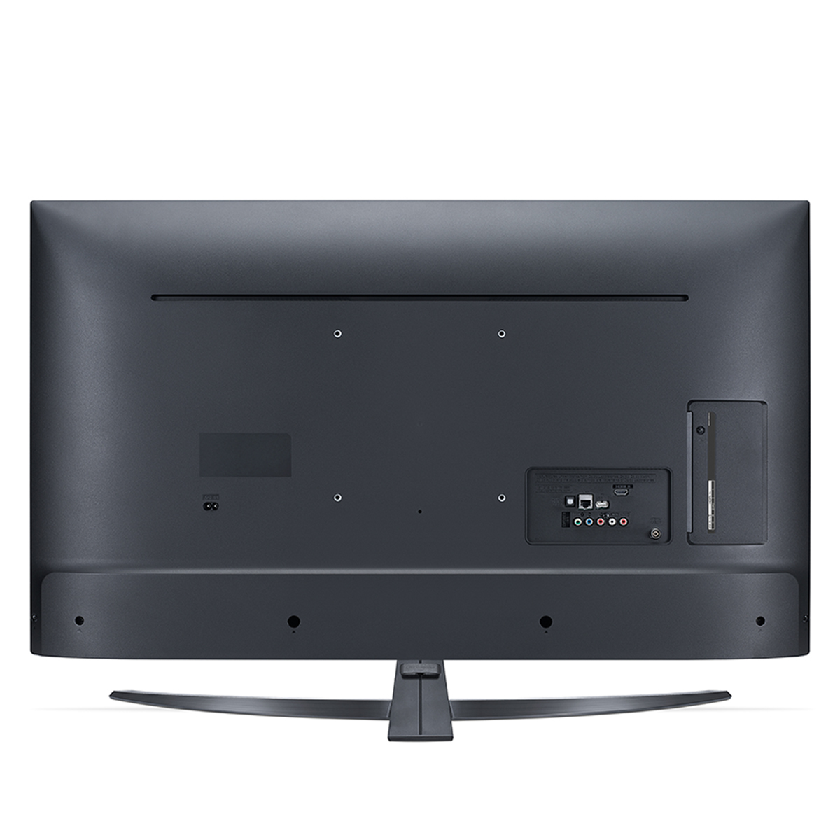 Il retro di un televisore LG UHD AI ThinQ nero, mostra porte e connessioni, con un supporto.