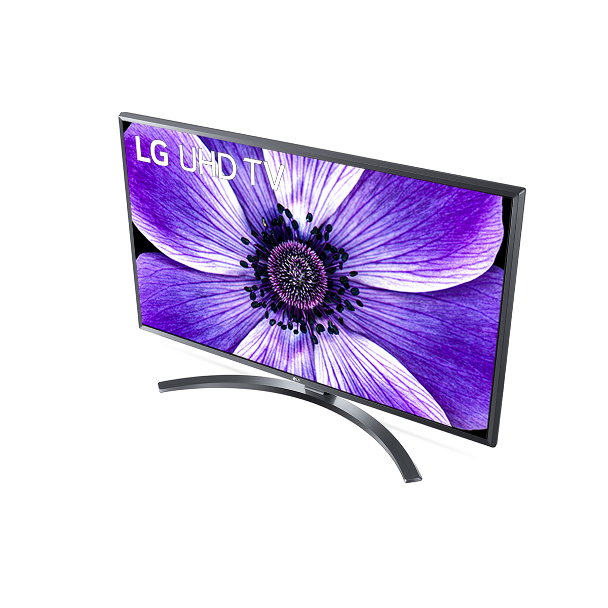 La TV LG UHD mostra un fiore viola. La TV è curva, ha una cornice nera e sfondo bianco.
