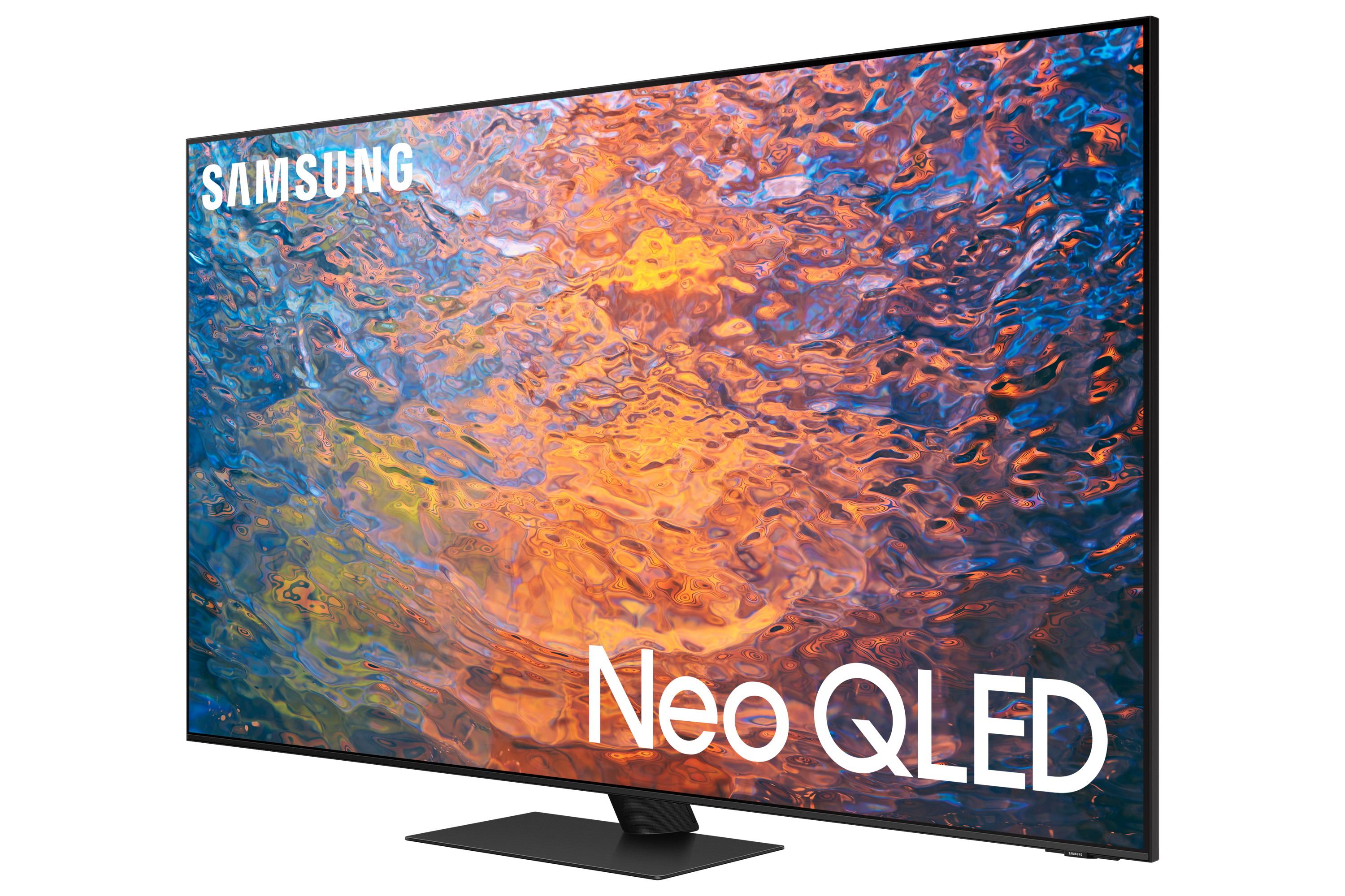 TV Samsung Neo QLED. Cornice nera, testo bianco e display colorato.