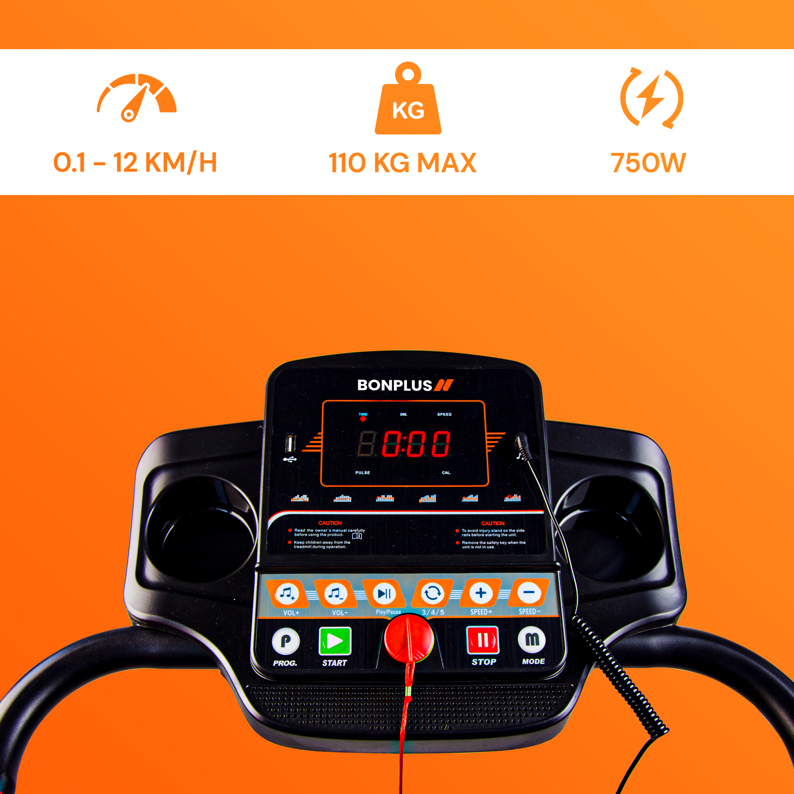Panel de control de cinta de correr Bonplus negro. Muestra velocidad, calorías y otras estadísticas. Fondo naranja.