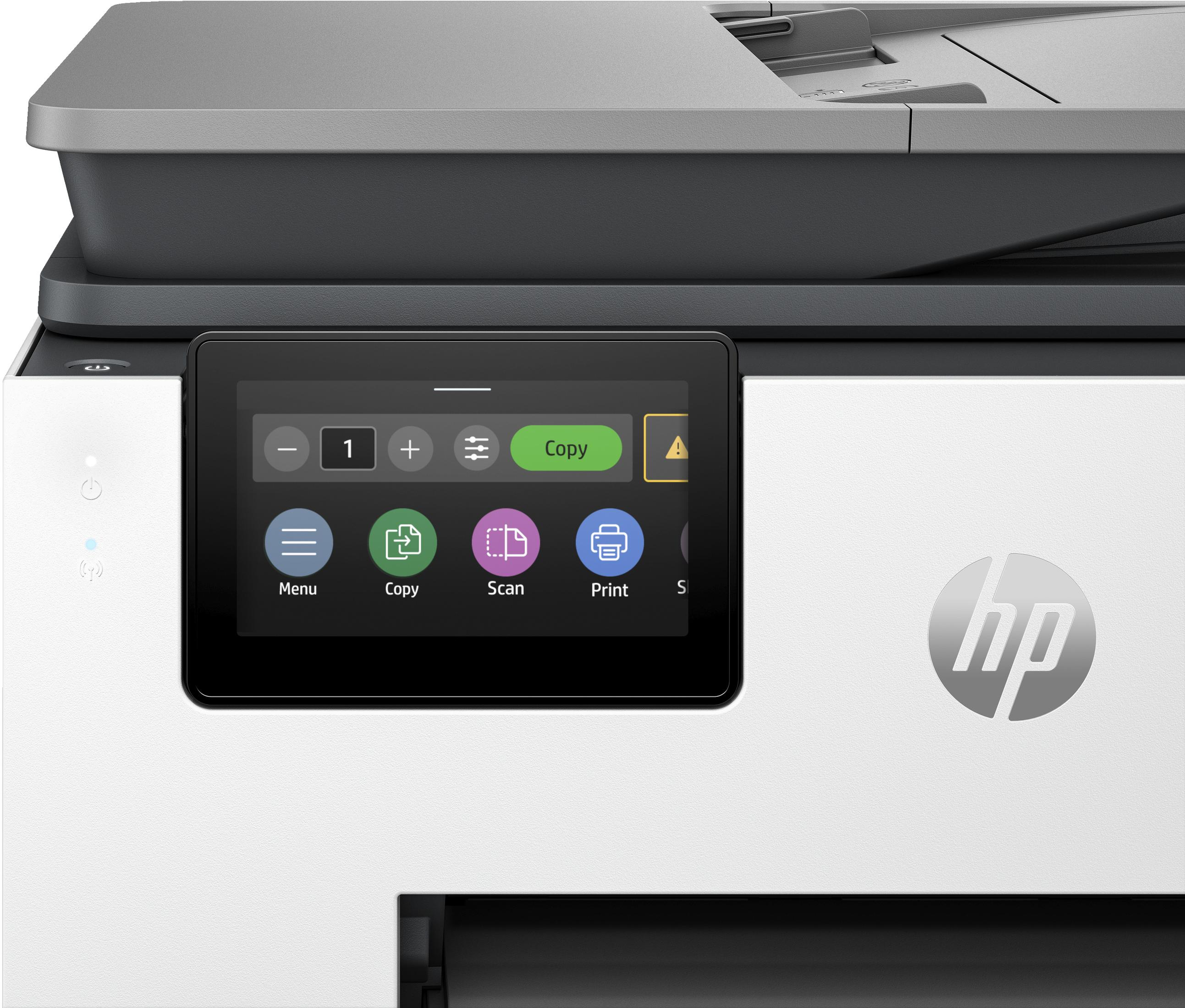Panel de control de impresora HP con opciones de menú y copia, con el logo HP.