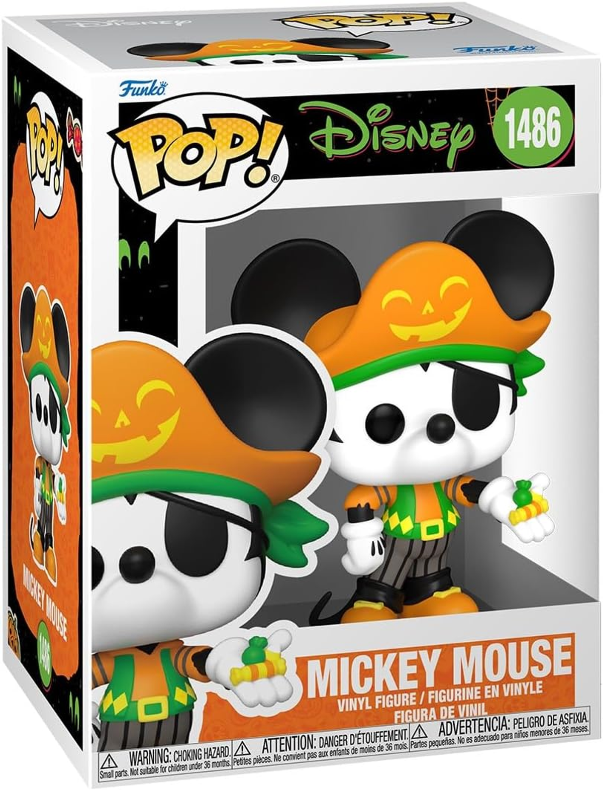 Figura Funko Pop de Mickey Mouse Halloween en caja, con sombrero de calabaza y parche pirata.