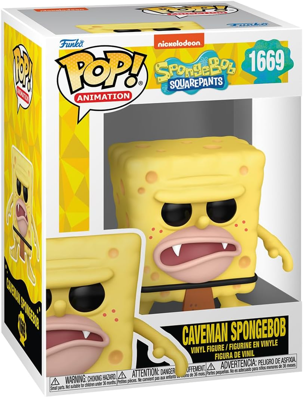 Funko Pop! Caveman Spongebob in scatola espositiva, con il logo Funko Pop!.
