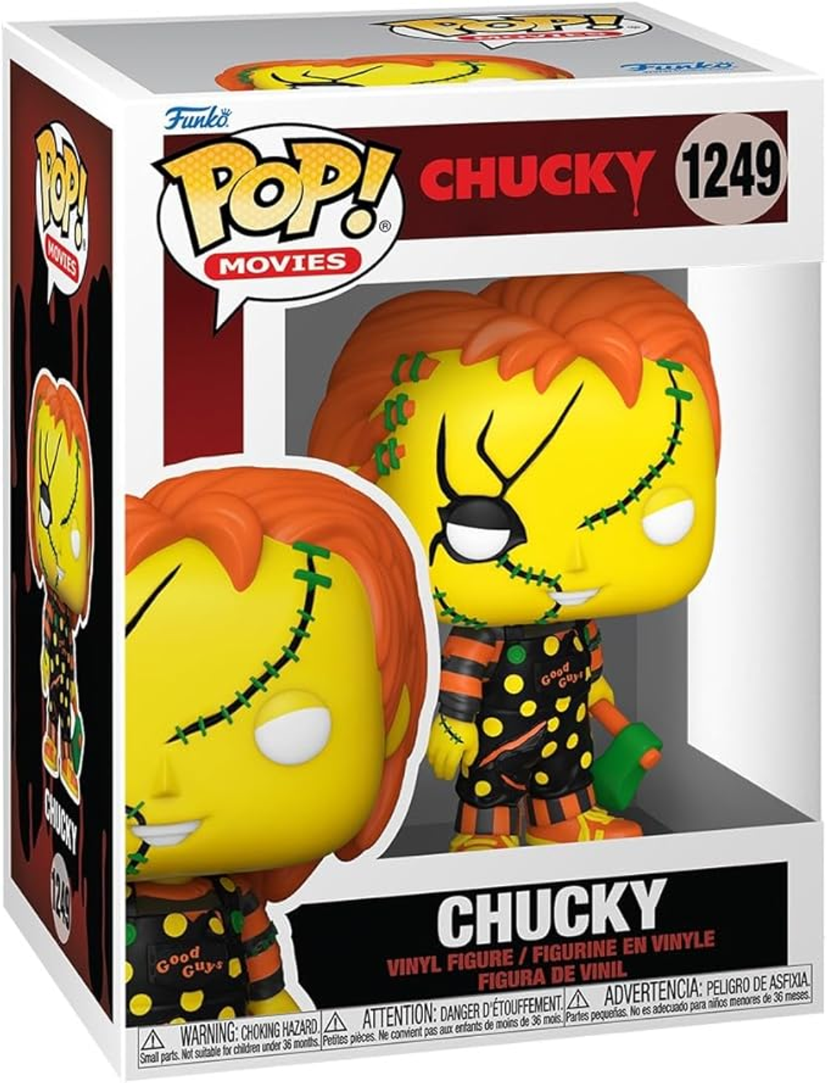 Figura Funko Pop de Chucky de la película, en una caja. Chucky viste un disfraz cosido.