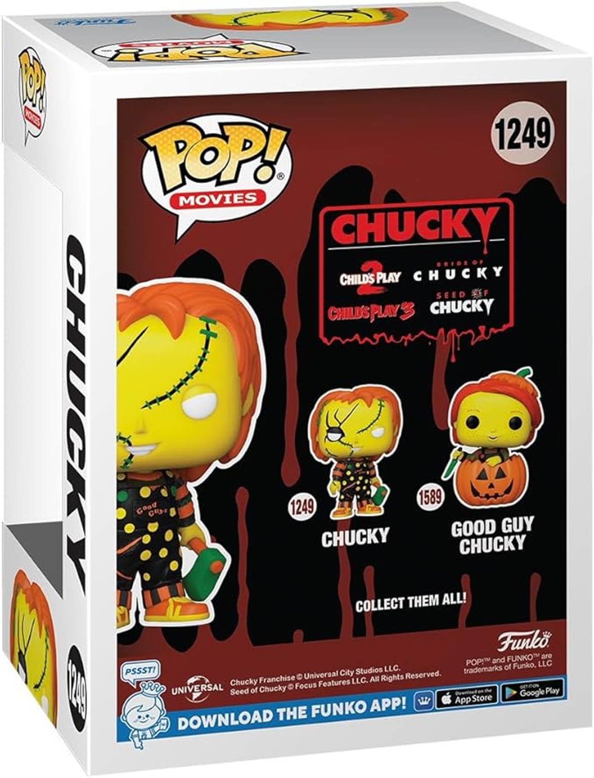 Caja de Funko Pop de Chucky con imágenes de figuras de Chucky y marca.