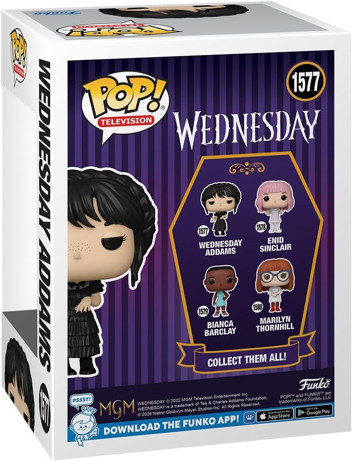 Achterkant van een Wednesday Addams Funko Pop doos, met personages en het Funko-logo.