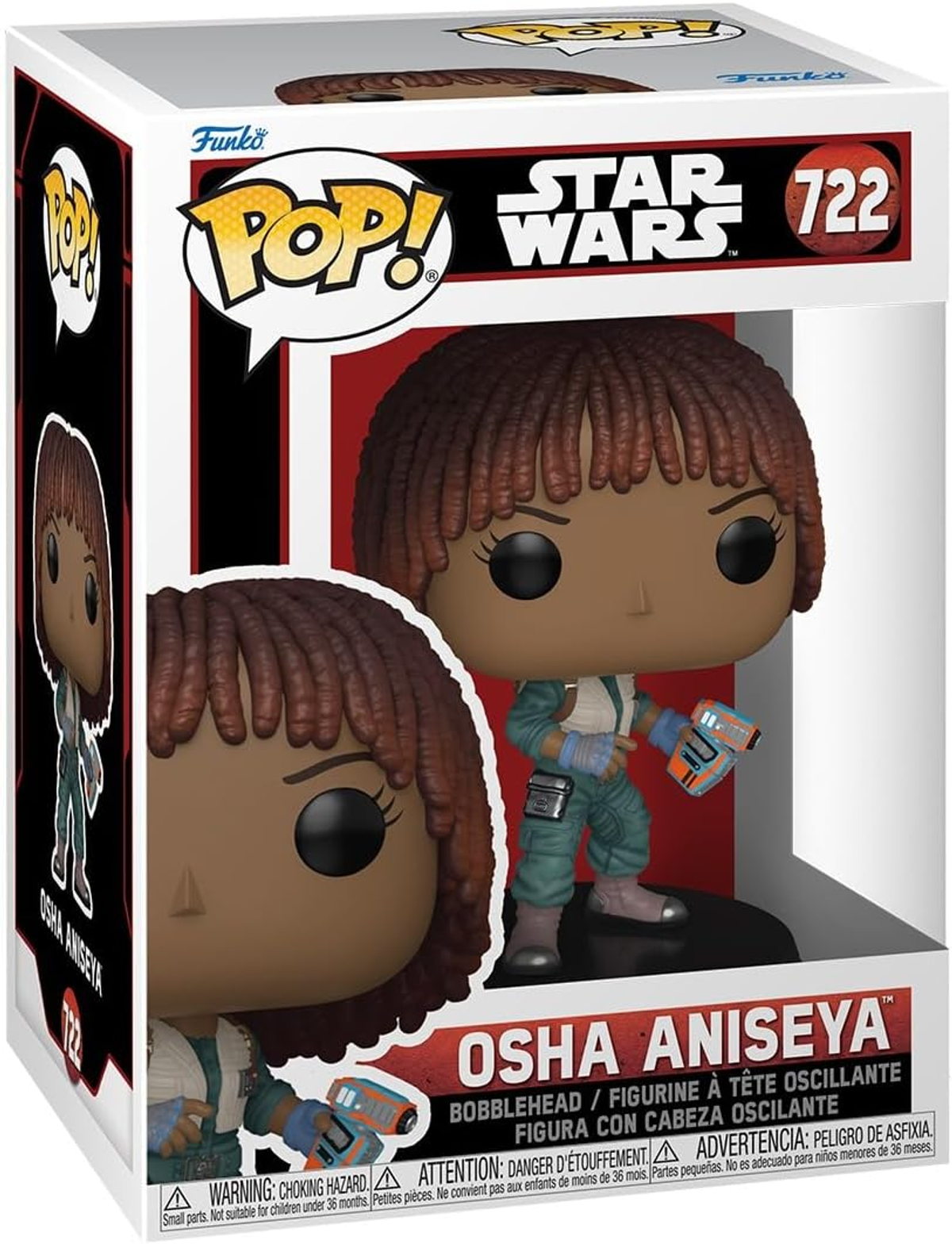 Figura Funko Pop di Osha Aniseya, un personaggio di Star Wars, in una scatola espositiva.