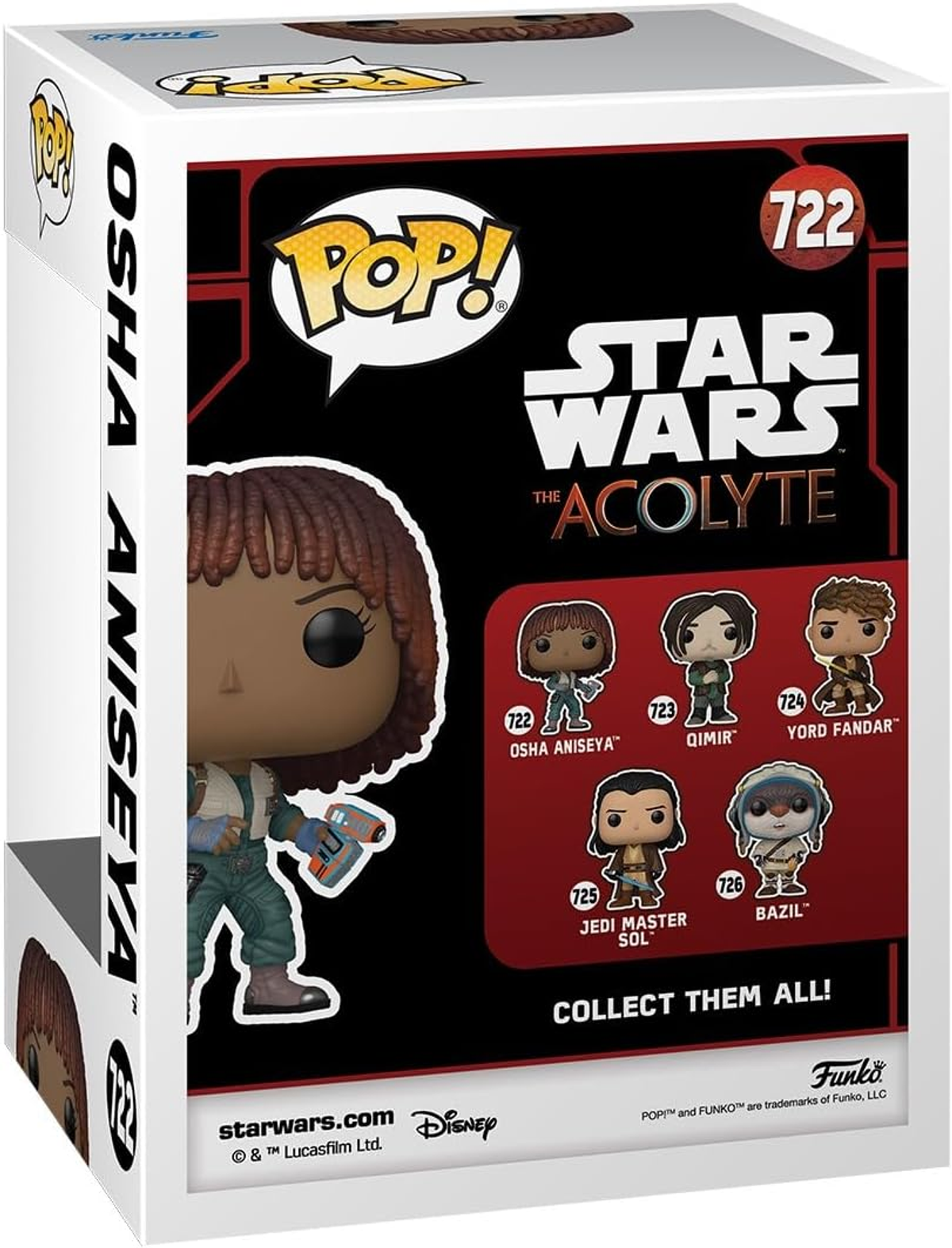 Retro di una scatola Funko Pop per il personaggio di Star Wars Osha Aniseya. La scatola è bianca.