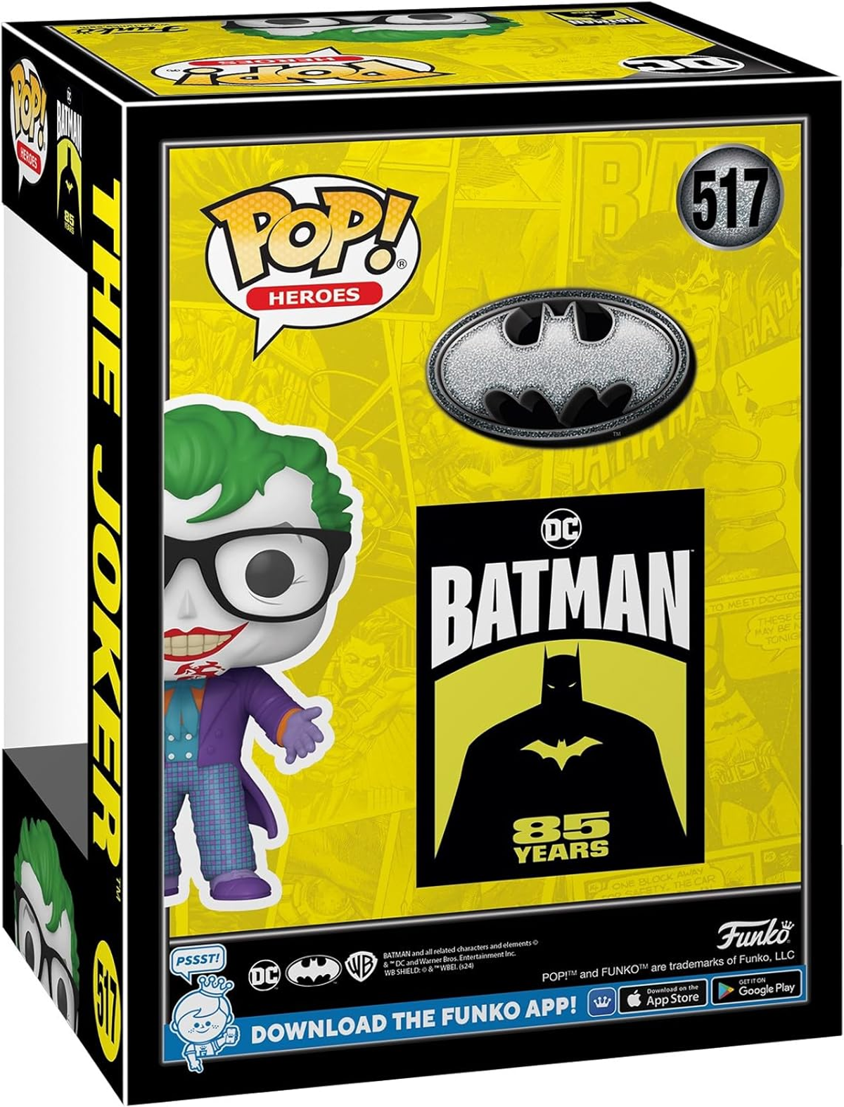 Une boîte Funko Pop présente le Joker. La boîte est noire, jaune et blanche avec un art de style BD.