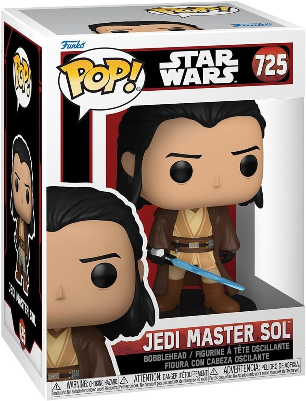 Una scatola Funko Pop della figura del Maestro Jedi Sol. La figura è mostrata con una spada laser e abiti marroni.