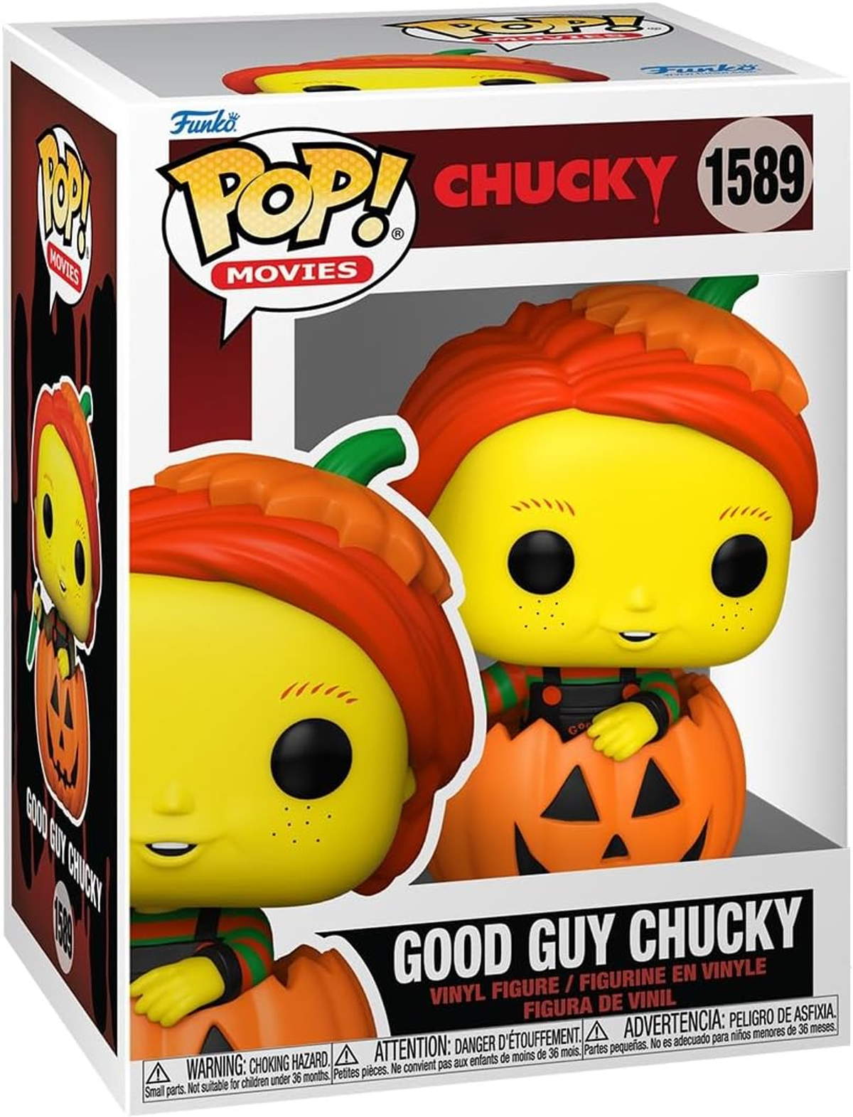 Una figura Funko Pop! de Chucky con un disfraz de calabaza se muestra en una caja. La caja es blanca y roja.