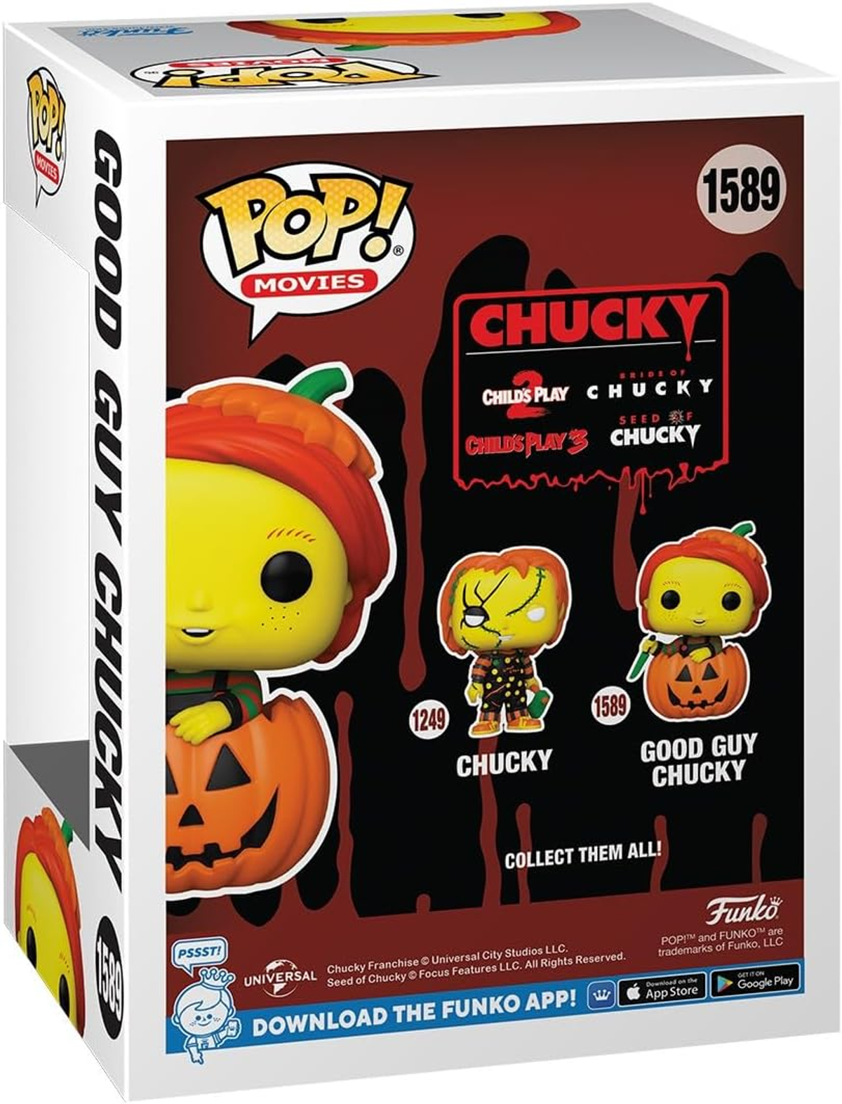 Caja Funko Pop! de Chucky con Good Guy Chucky en una calabaza. El texto dice '¡Colecciónalos todos!'