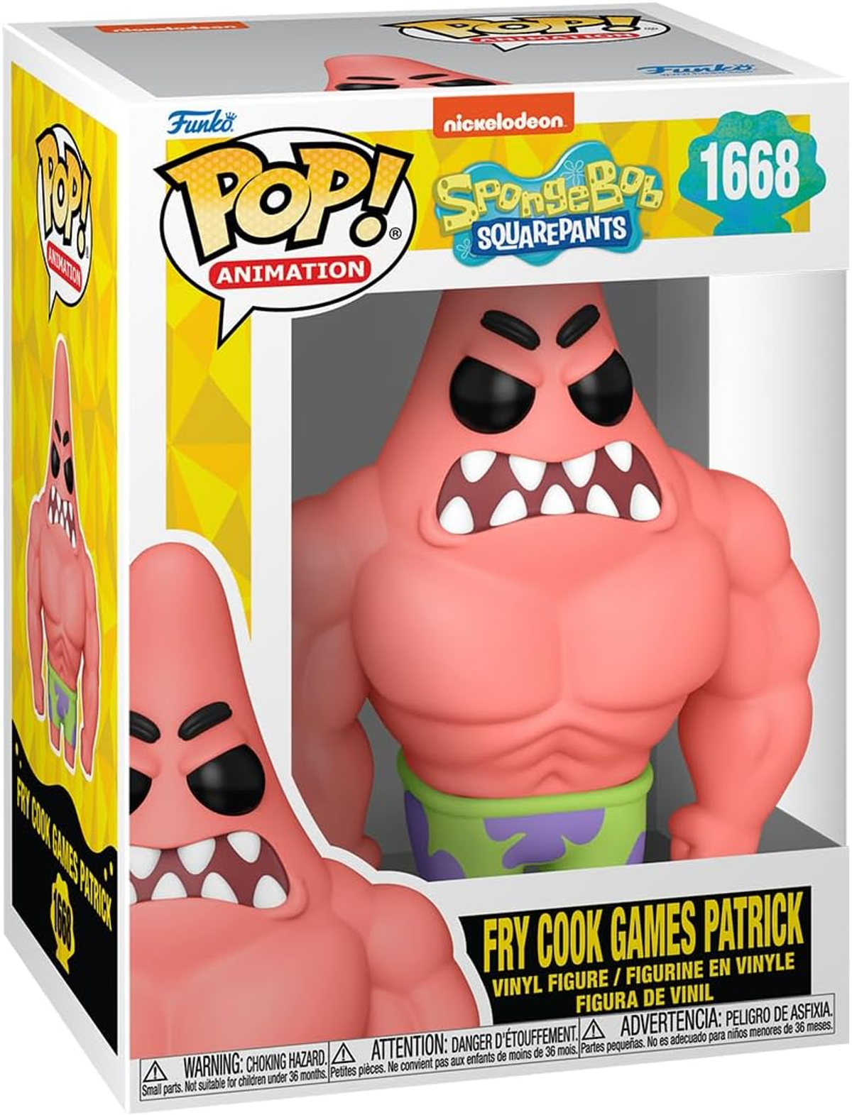 Funko Pop! Figur von Patrick Star aus Spongebob. Er ist muskulös und wütend. Die Box ist gelb und weiß.