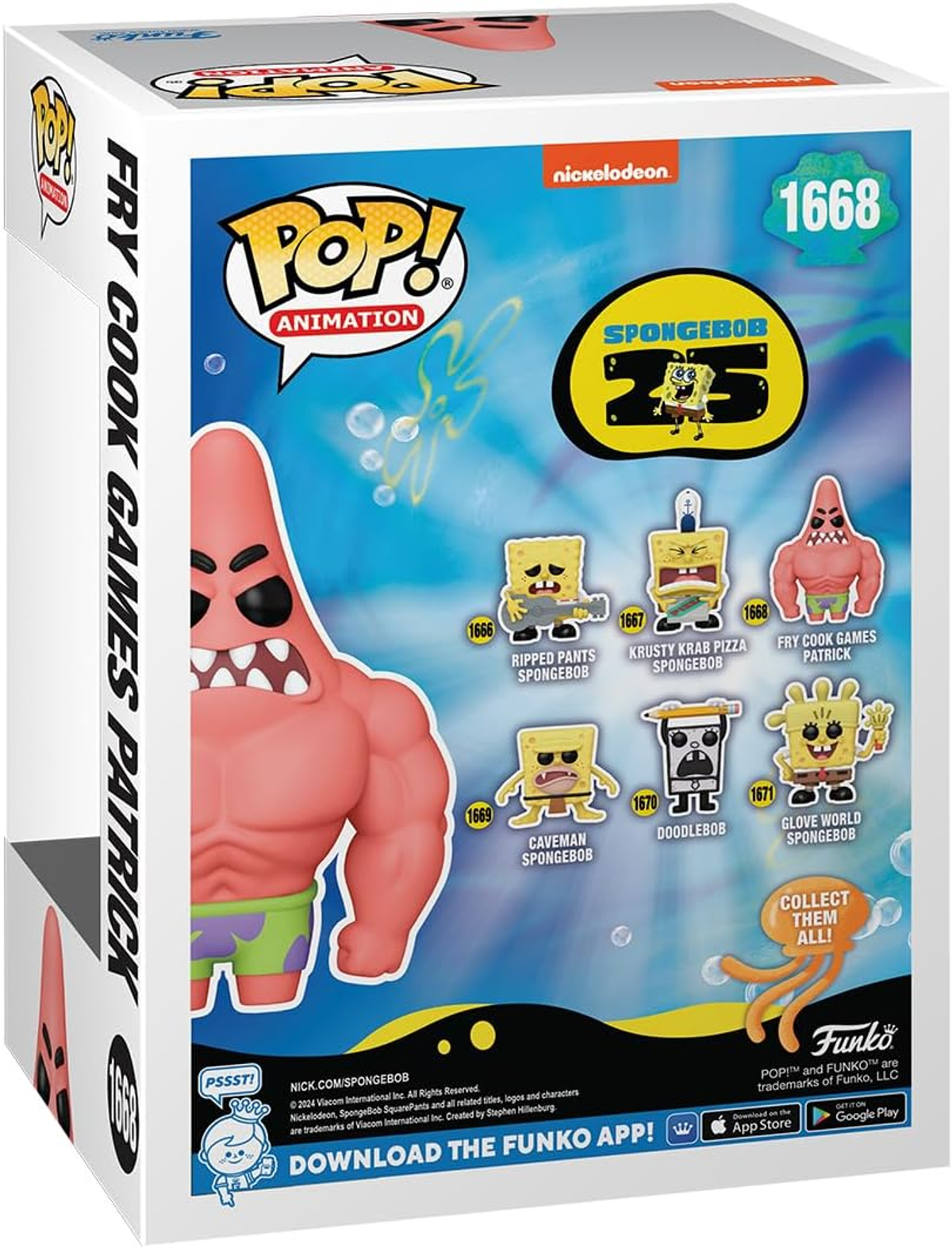 Eine Funko Pop-Box mit Patrick Star, verschiedenen SpongeBob-Charakteren und einem 25-Jahres-Logo.