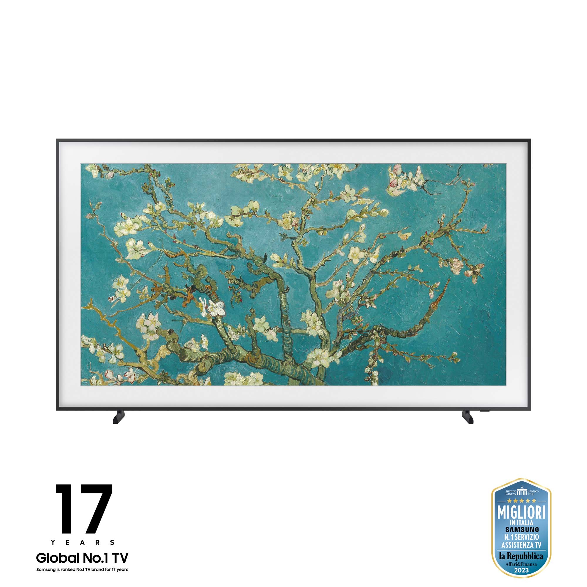 Samsung Frame TV, Kunstdarstellung. Gemälde eines Baumes mit weißen Blüten. Schwarzer Rahmen.