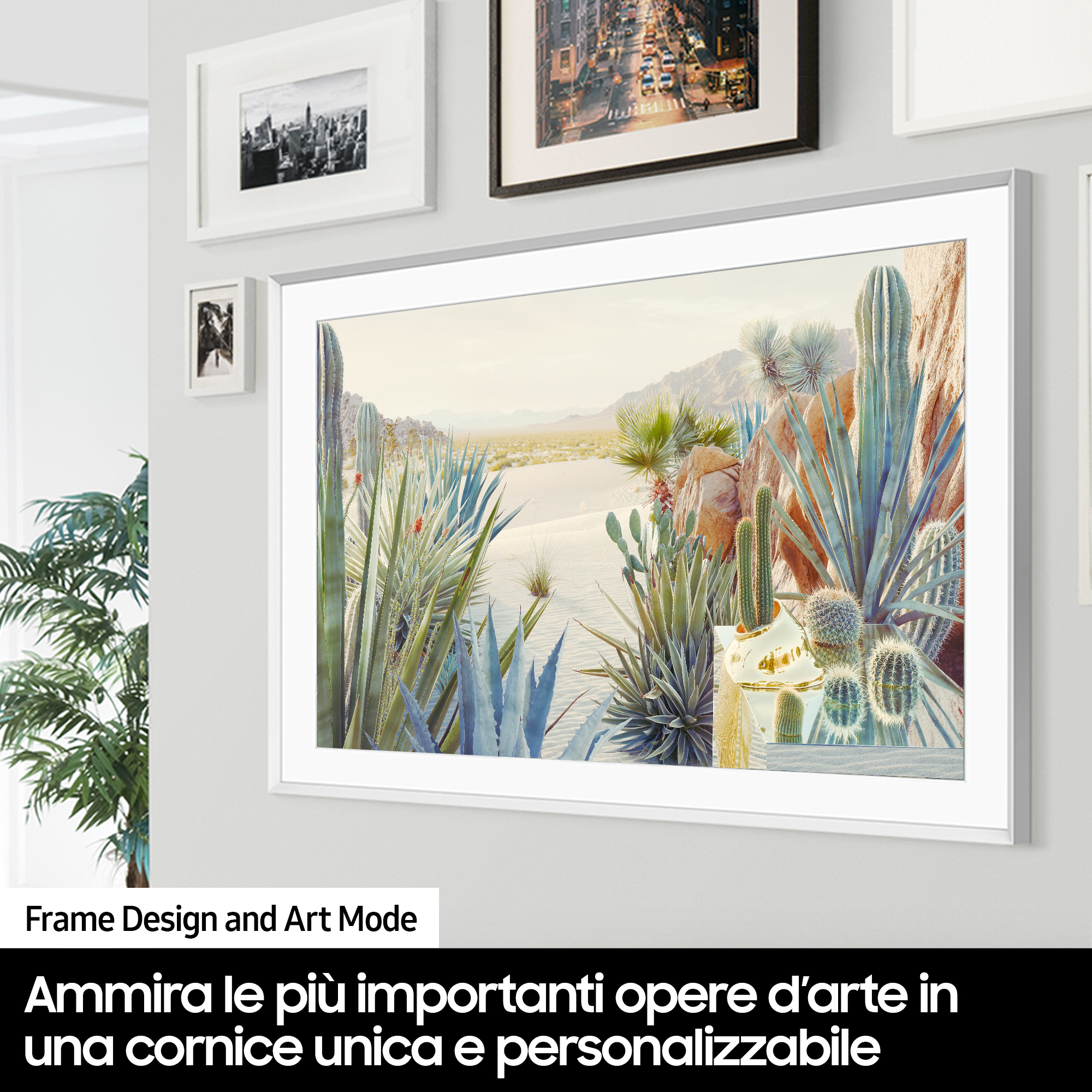 Kunstwerk an der Wand, Wüstenlandschaft mit Kakteen. Weißer Rahmen, graue Wand.