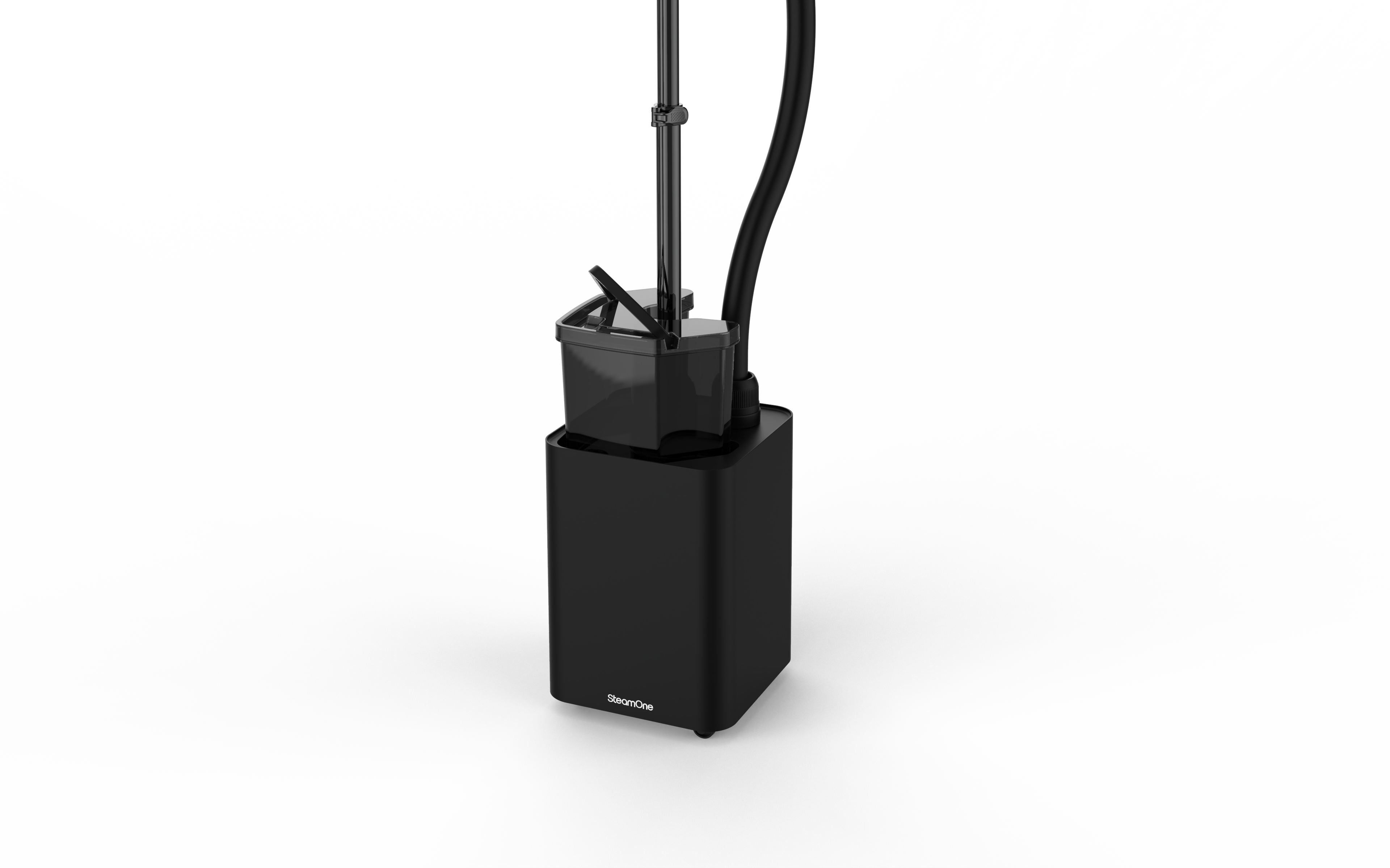 Black air purifier. Black base with a water tank. Tall, black air intake.