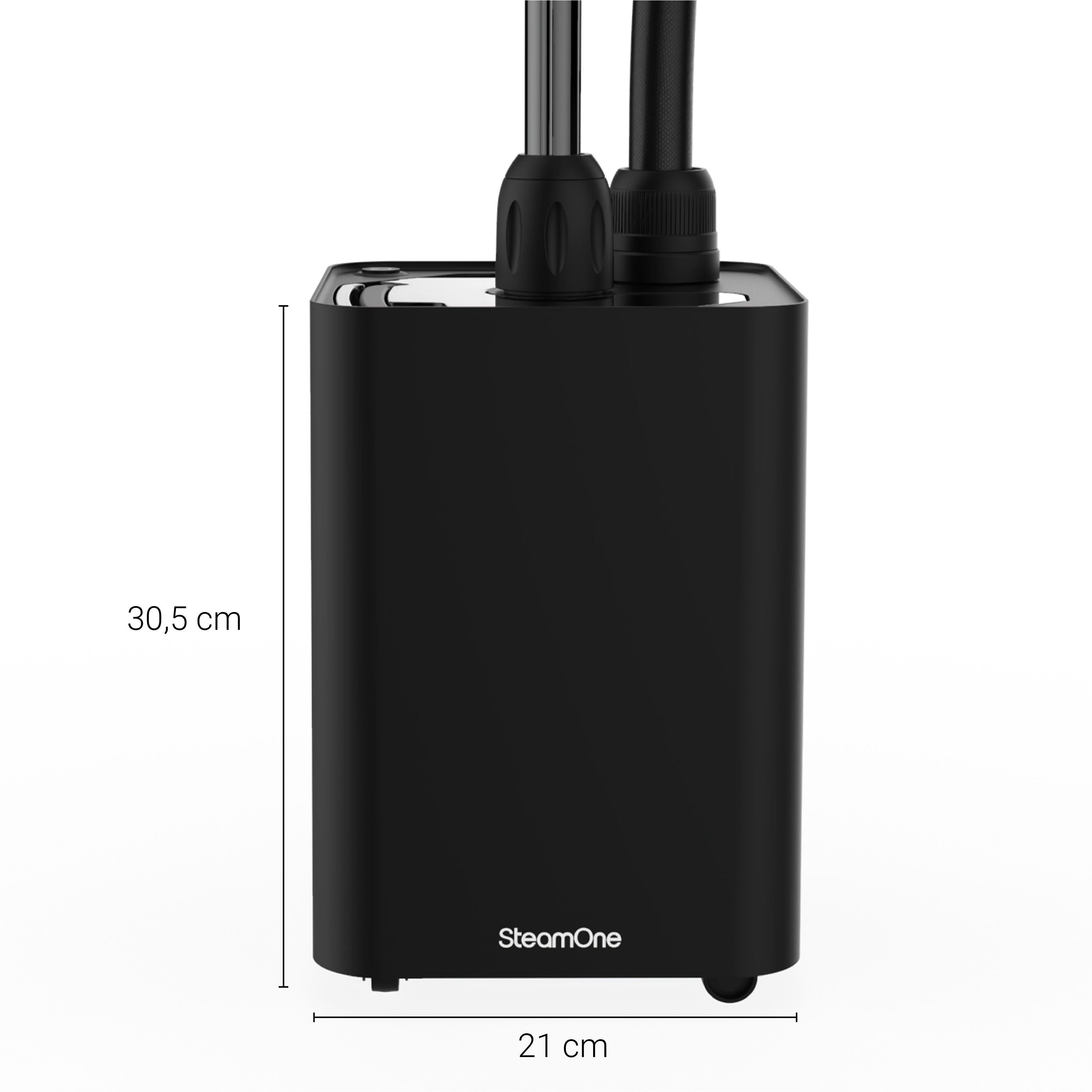 A black, rectangular SteamOne device, with dimensions labeled. It has two nozzles.