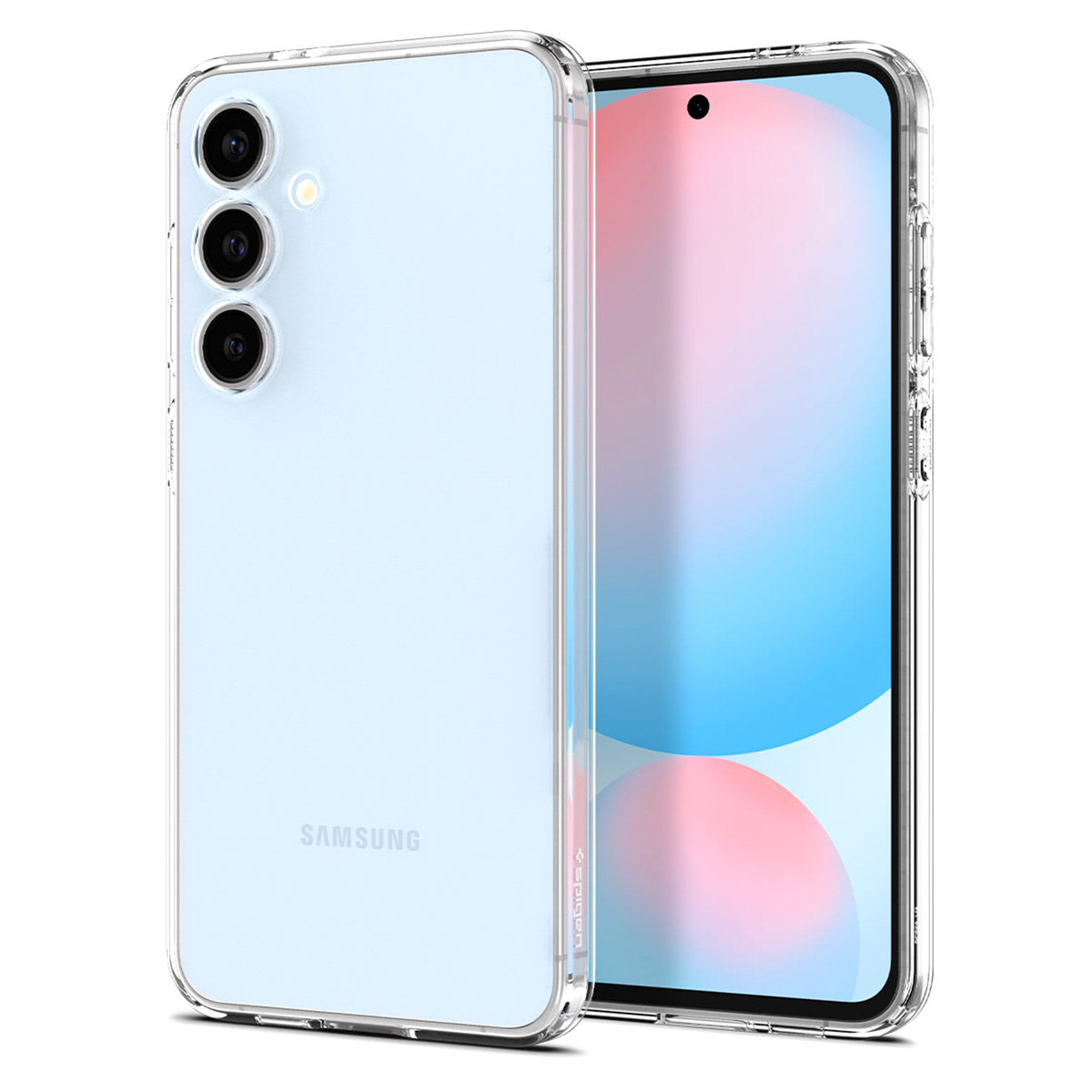 Un téléphone Samsung bleu clair dans une coque de protection transparente, montrant l'arrière et l'écran.