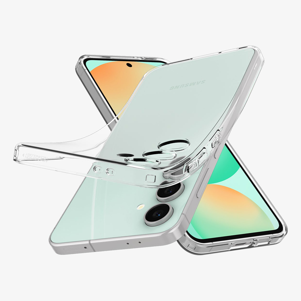 Deux téléphones avec étuis transparents, couleur vert menthe, fond blanc.