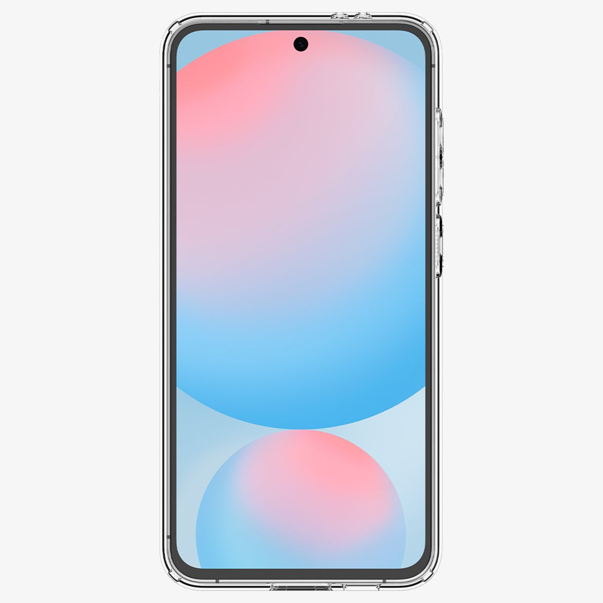 Une coque de téléphone transparente avec un motif flou rose et bleu sur l'écran.