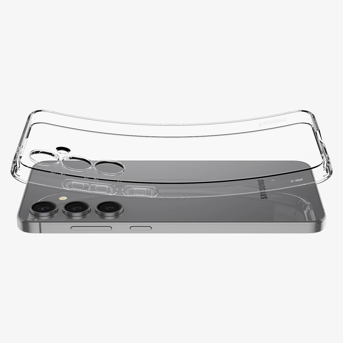 Une coque de téléphone transparente sur un téléphone Samsung, avec la marque Spigen.