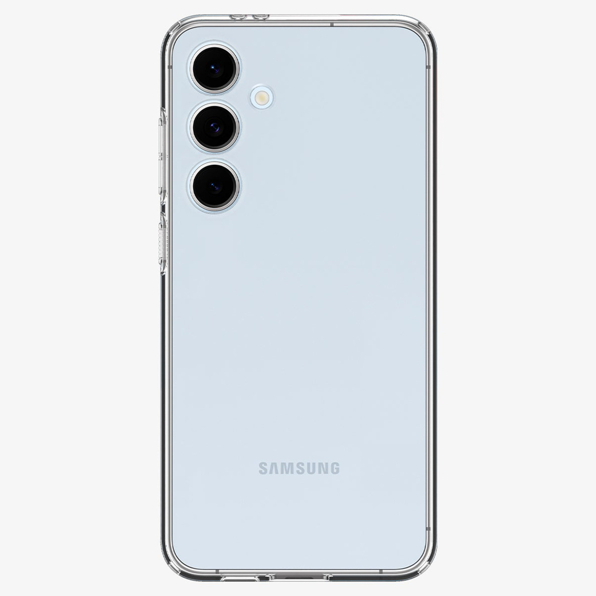 Une coque de téléphone transparente montre l'arrière du téléphone, avec trois caméras et le logo Samsung.