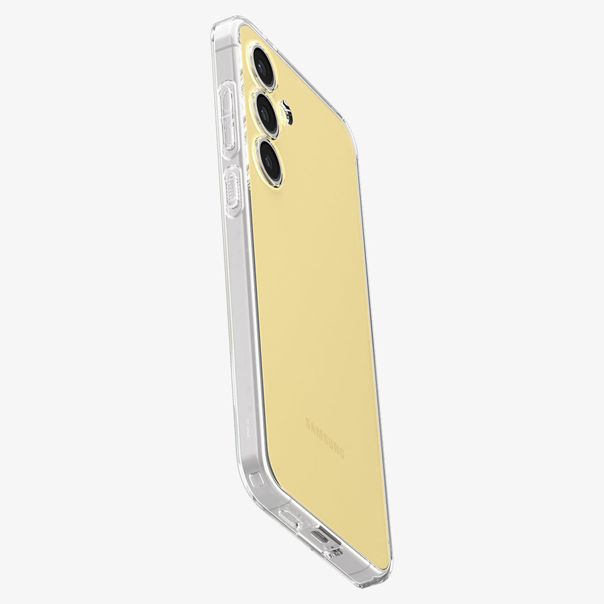 Une coque de téléphone transparente montre l'arrière jaune du téléphone, avec trois caméras et le logo Samsung.