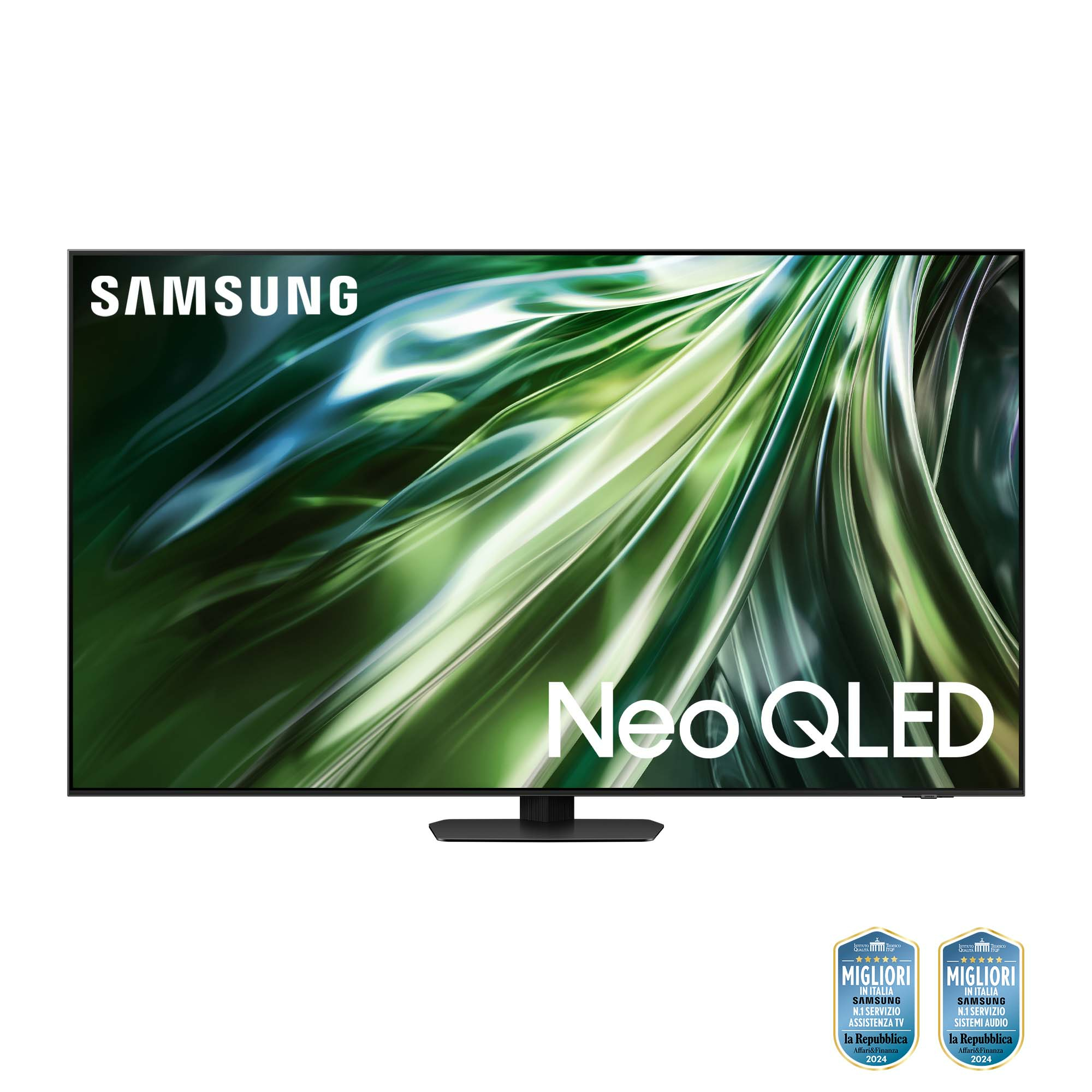 Un televisore Samsung Neo QLED, che mostra un'immagine astratta verde e bianca, con due badge 'Migliori'.