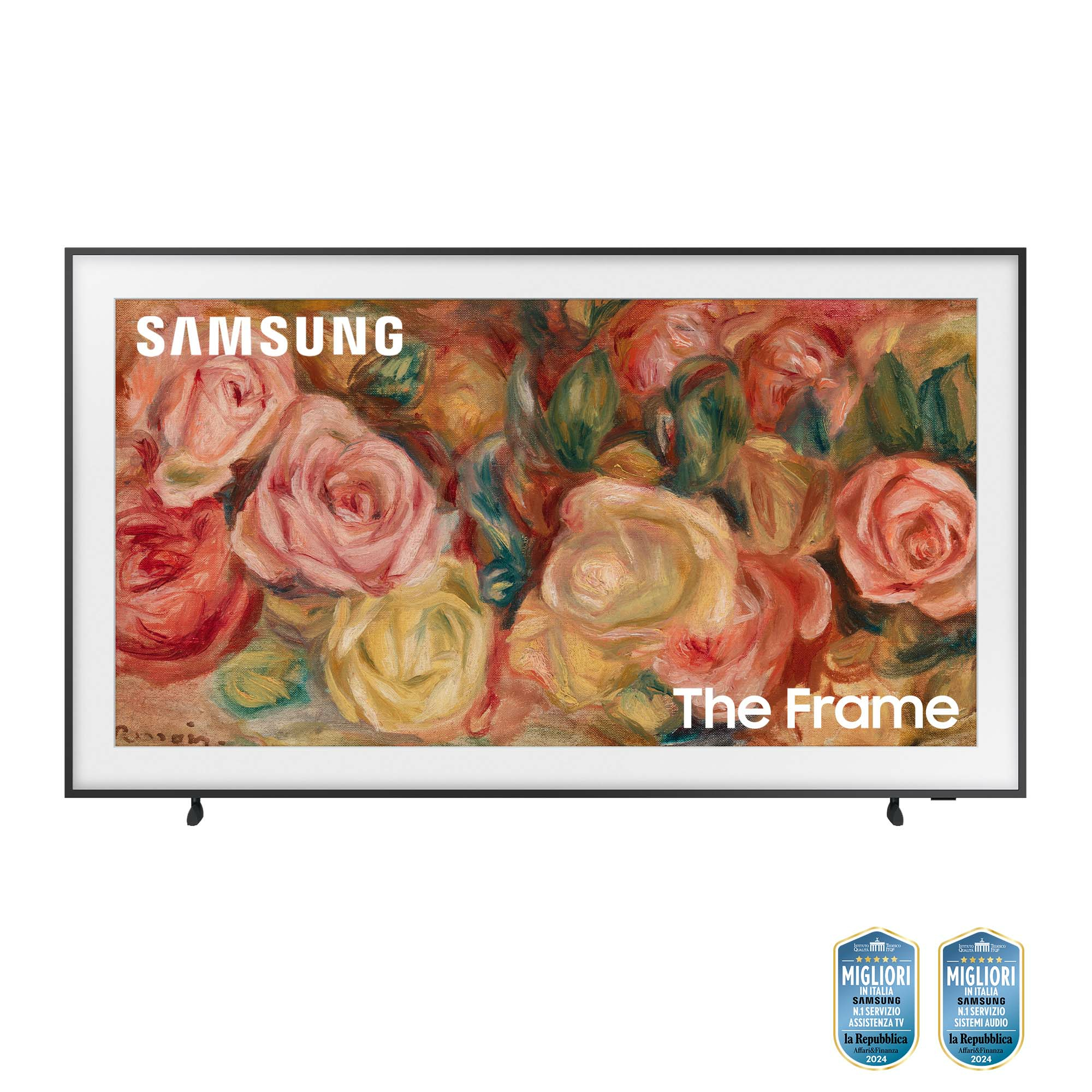 Una TV moderna con un display di arte floreale, su supporti, in una stanza ben illuminata.