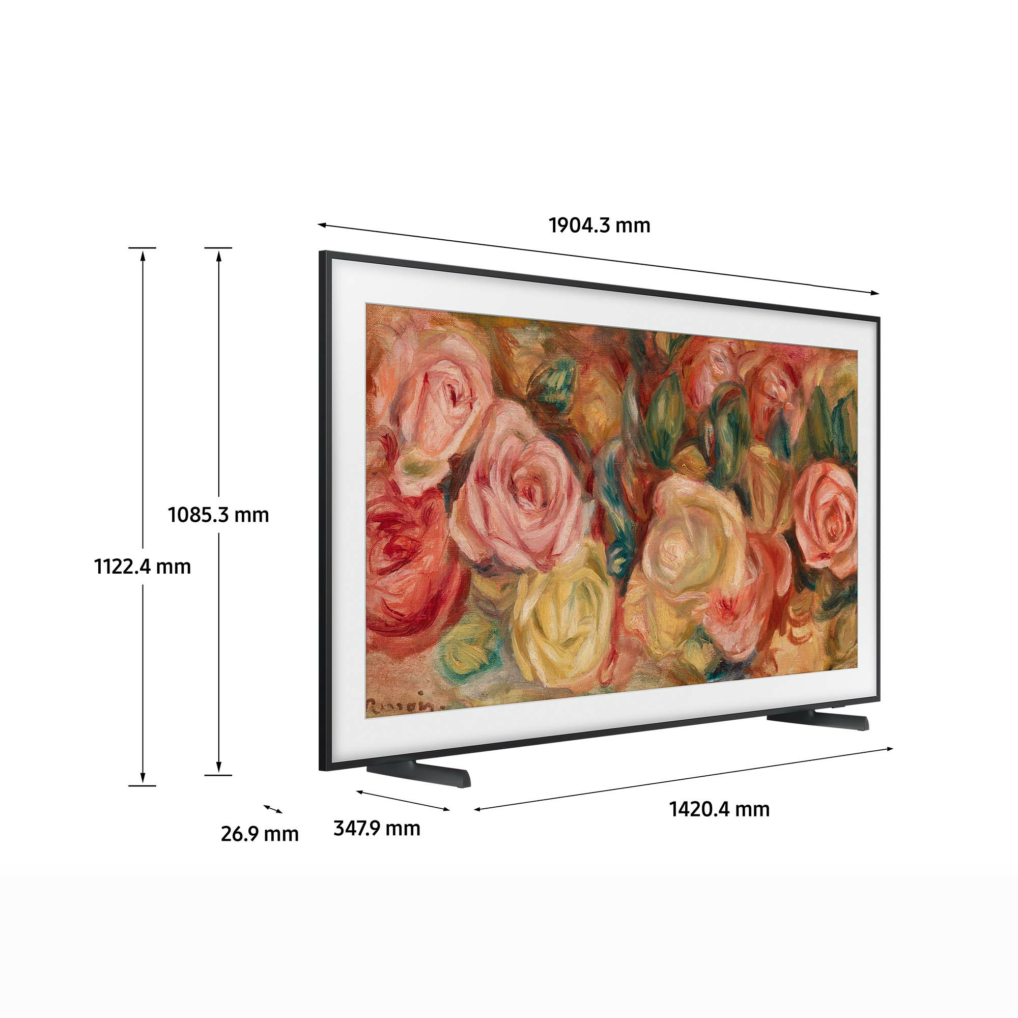 La TV mostra un dipinto di rose rosa e gialle con una cornice nera.