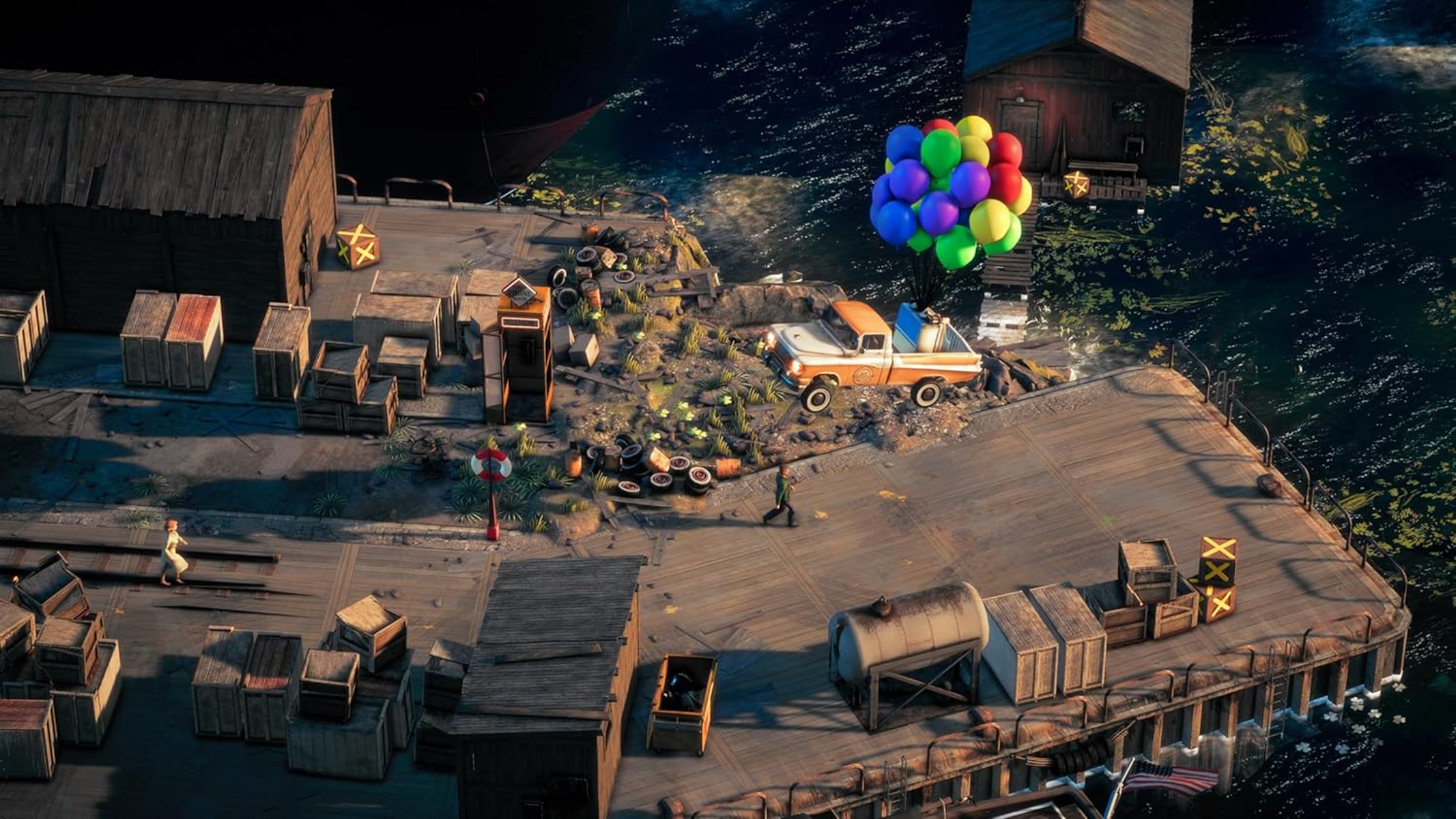 Vista isométrica de un muelle con un camión que transporta globos y gente caminando alrededor.
