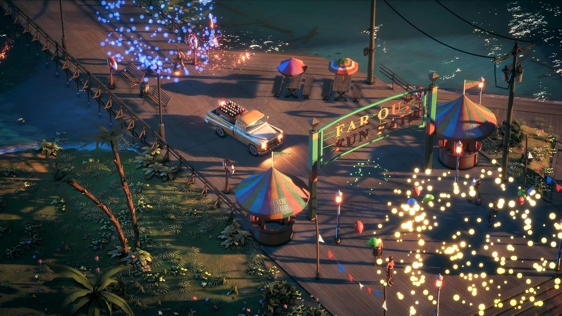 Una escena de dibujos animados de una feria en un muelle, con un camión y personas.